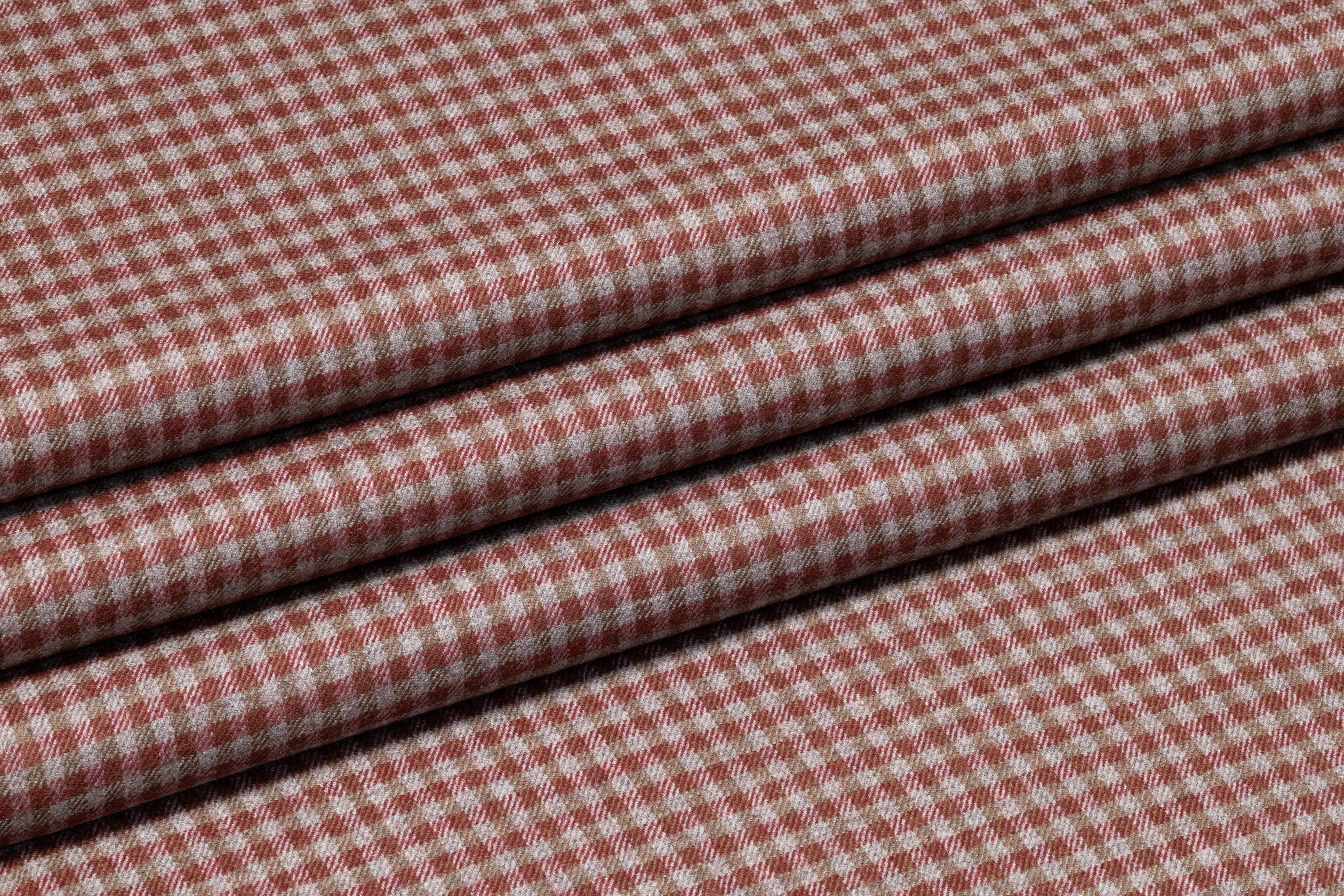 Checked Italian Stretch Wool Flannel - Brick Red / Taupe / Gray