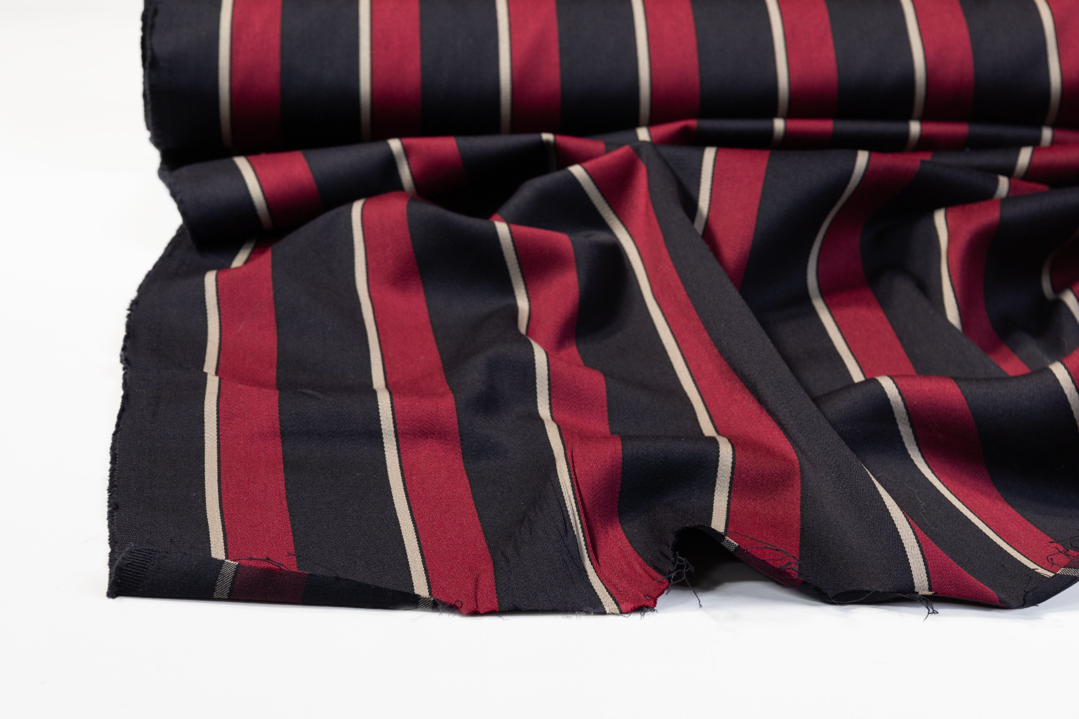 Striped French Wool Suiting - Maroon / Black / Light Taupe