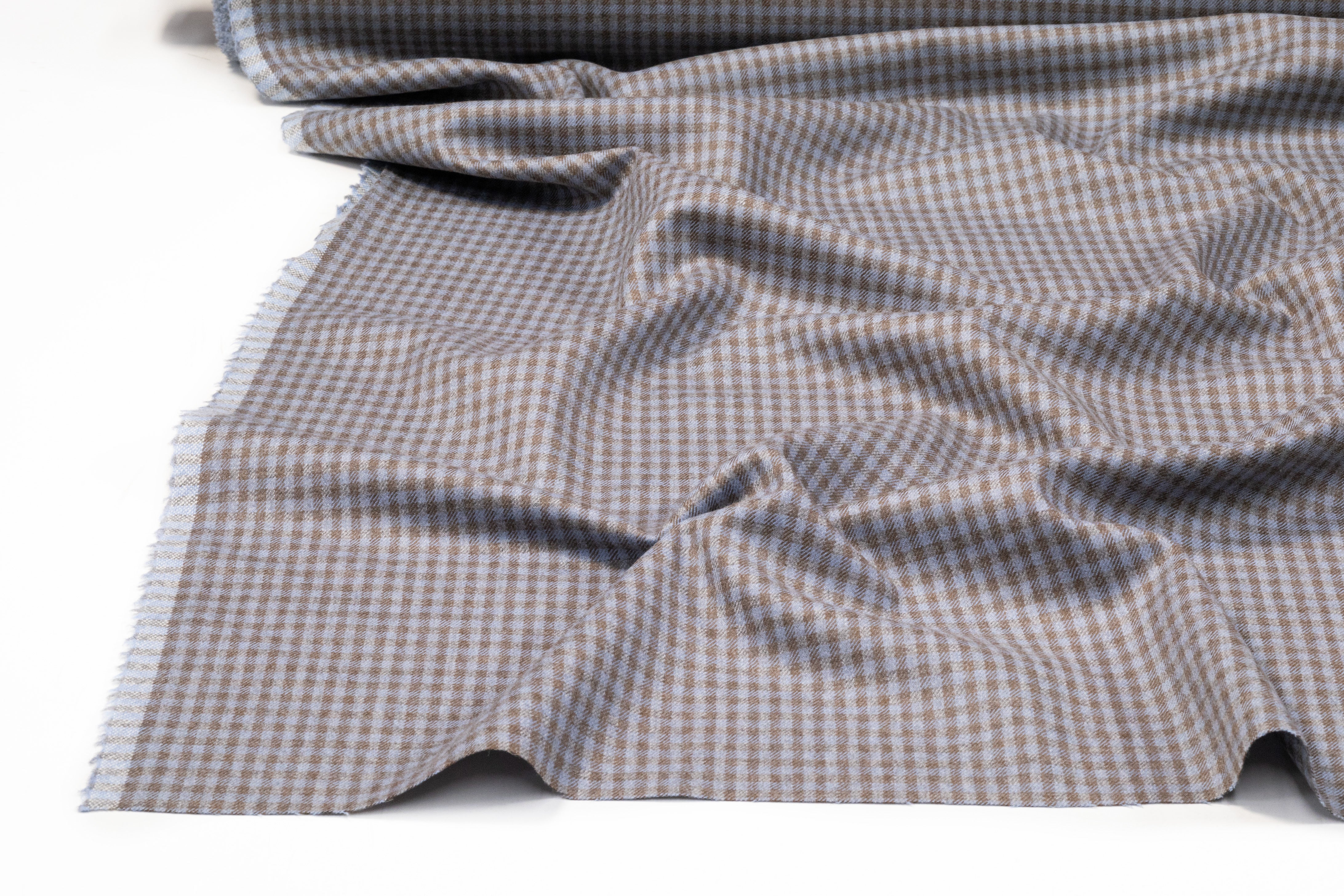 Checked Italian Stretch Wool Flannel - Powder Blue / Taupe