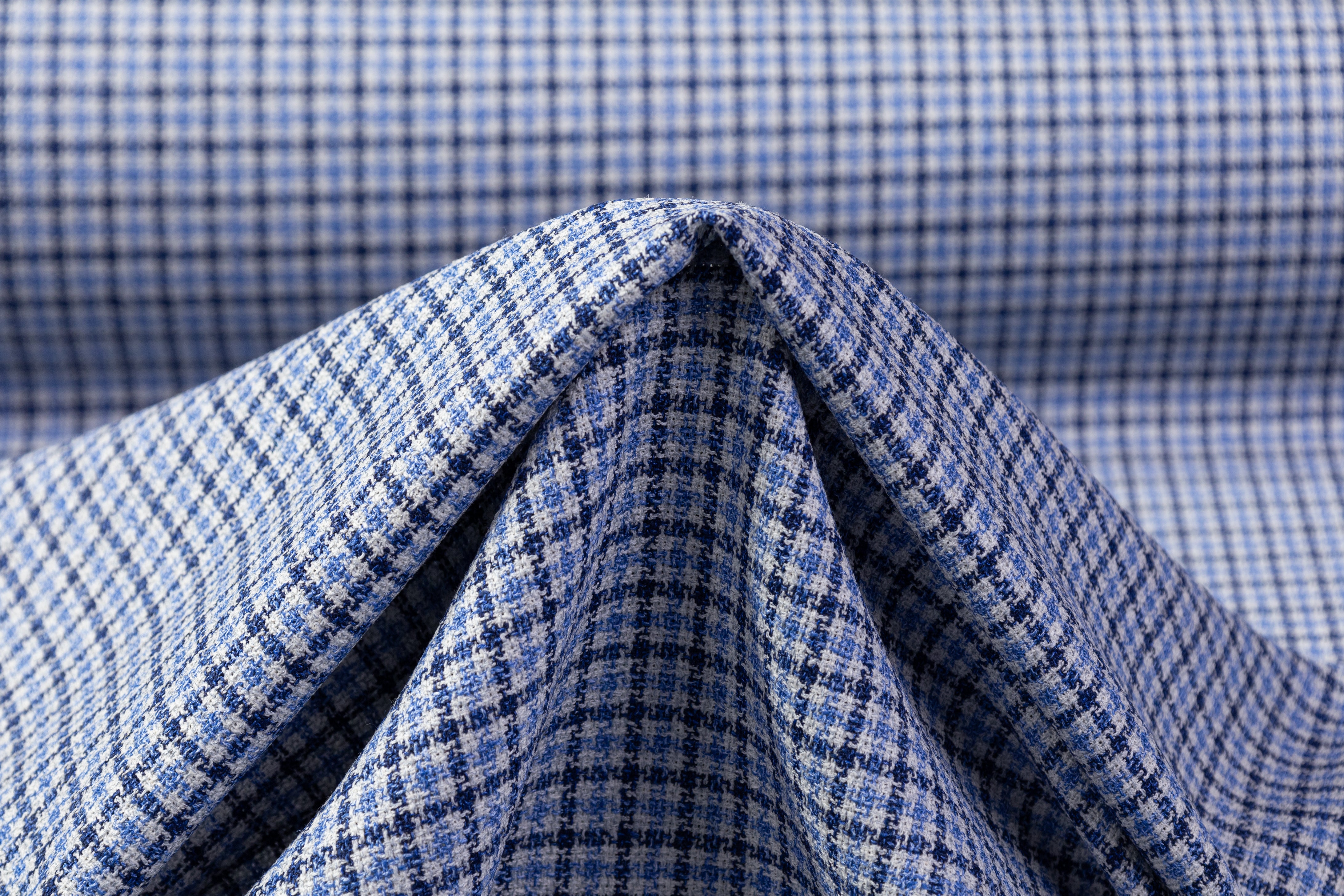 Checked Italian Wool Linen Silk Suiting - Blue