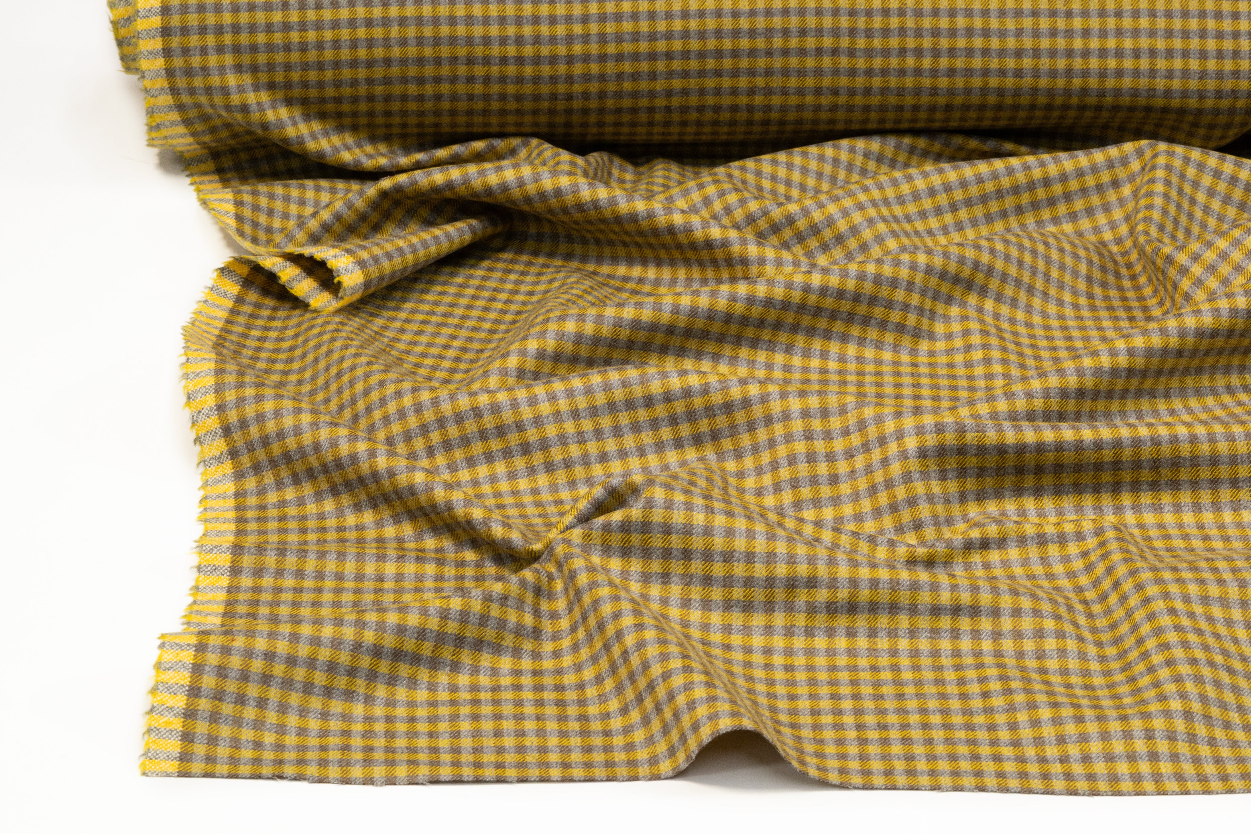Checked Italian Stretch Wool Flannel - Mustard Yellow / Taupe