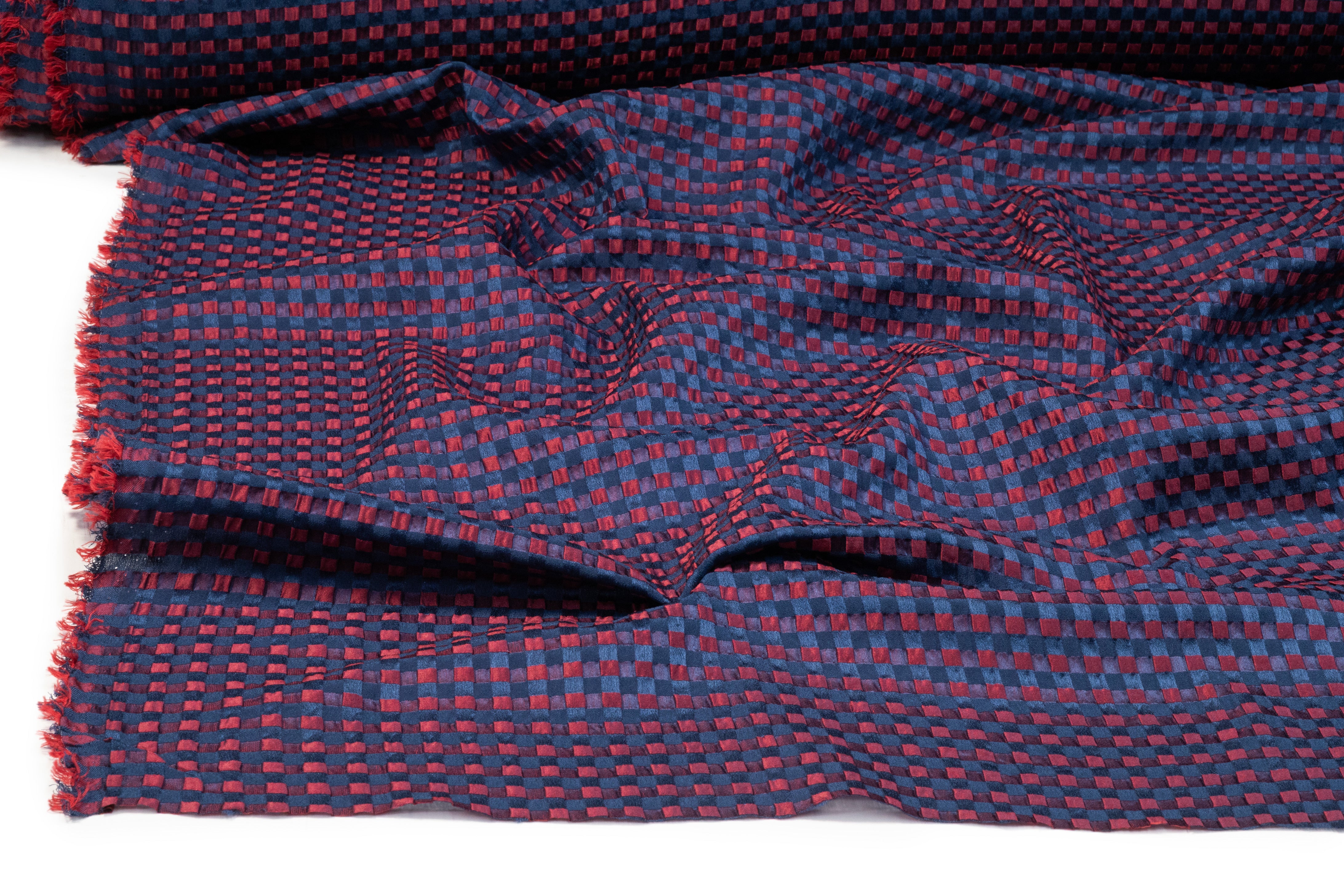 Puckered Italian Poly Silk Jacquard - Red / Navy