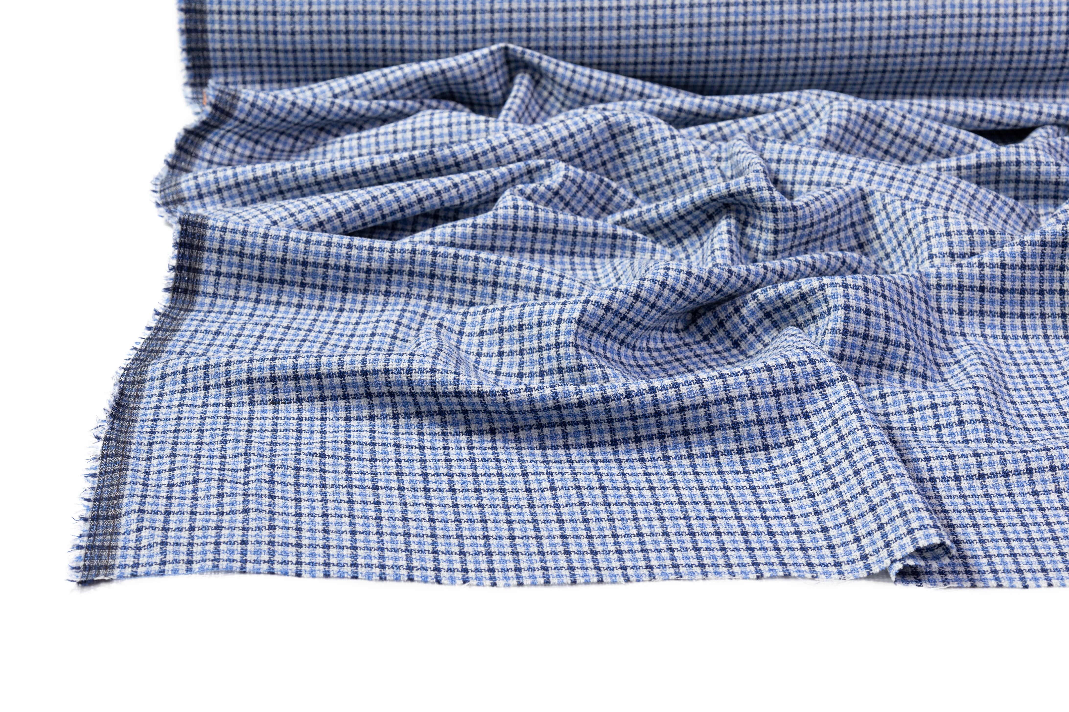Checked Italian Wool Linen Silk Suiting - Blue