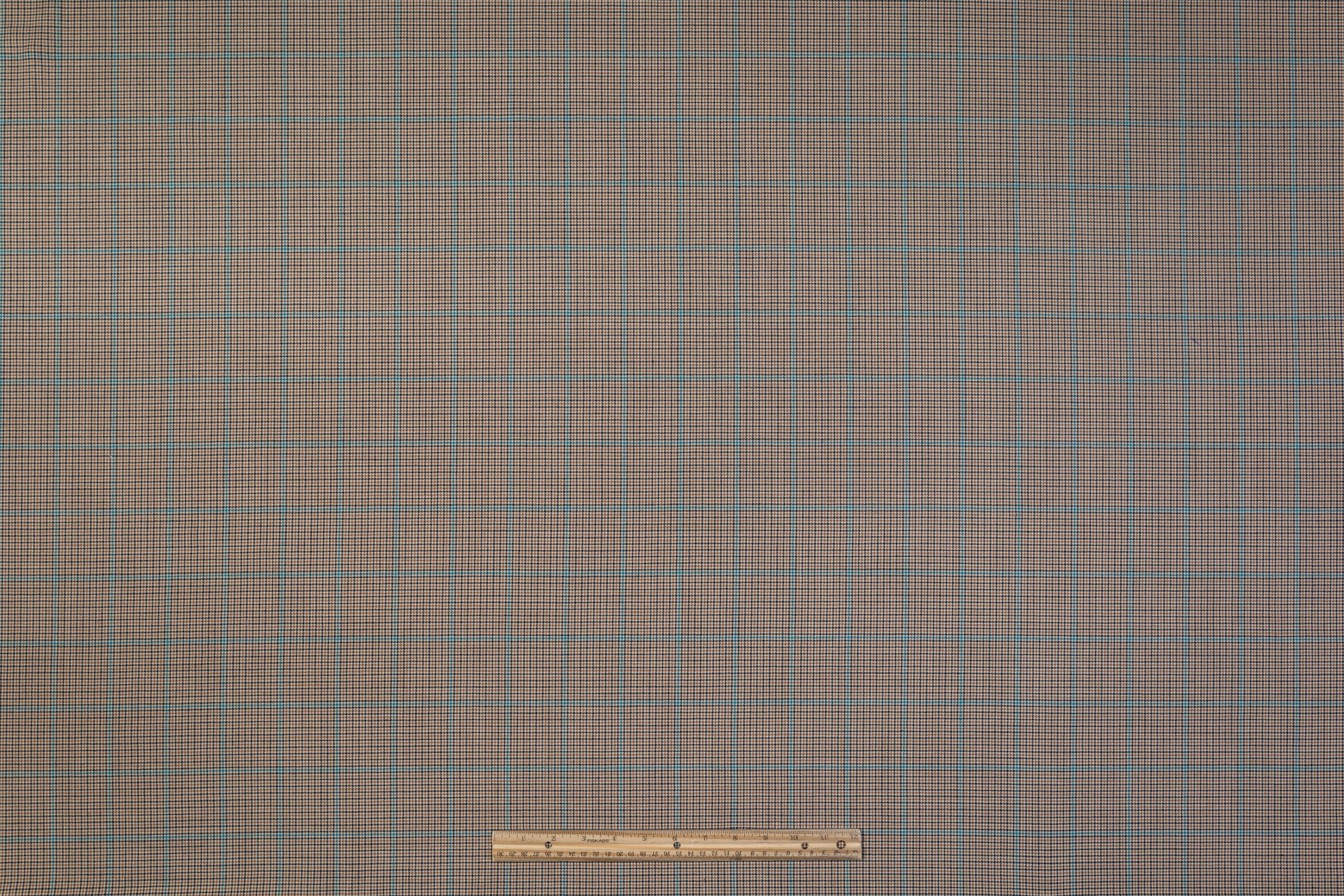 Checked Italian Wool Blend Stretch Suiting - Tan / Turquoise