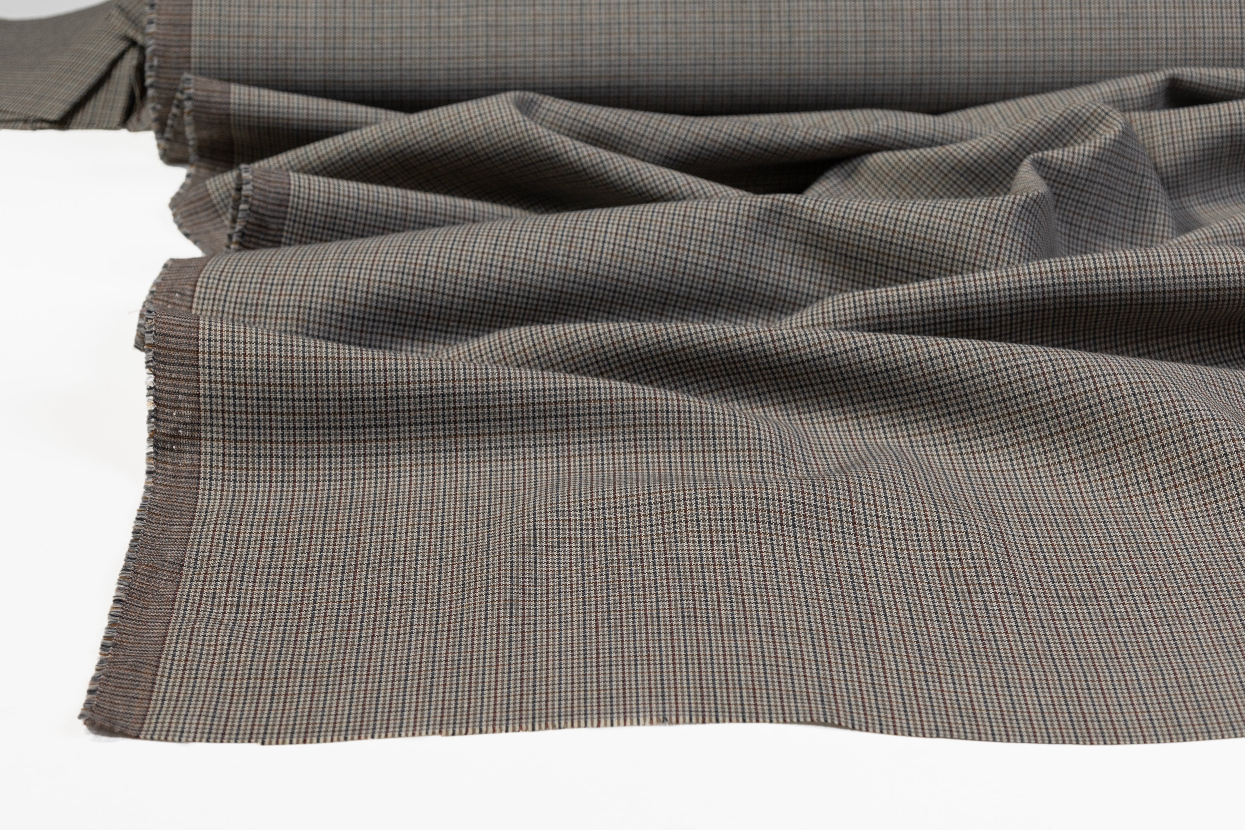 Micro Plaid Italian Poly Wool Suiting - Gray / Brown / Burgundy