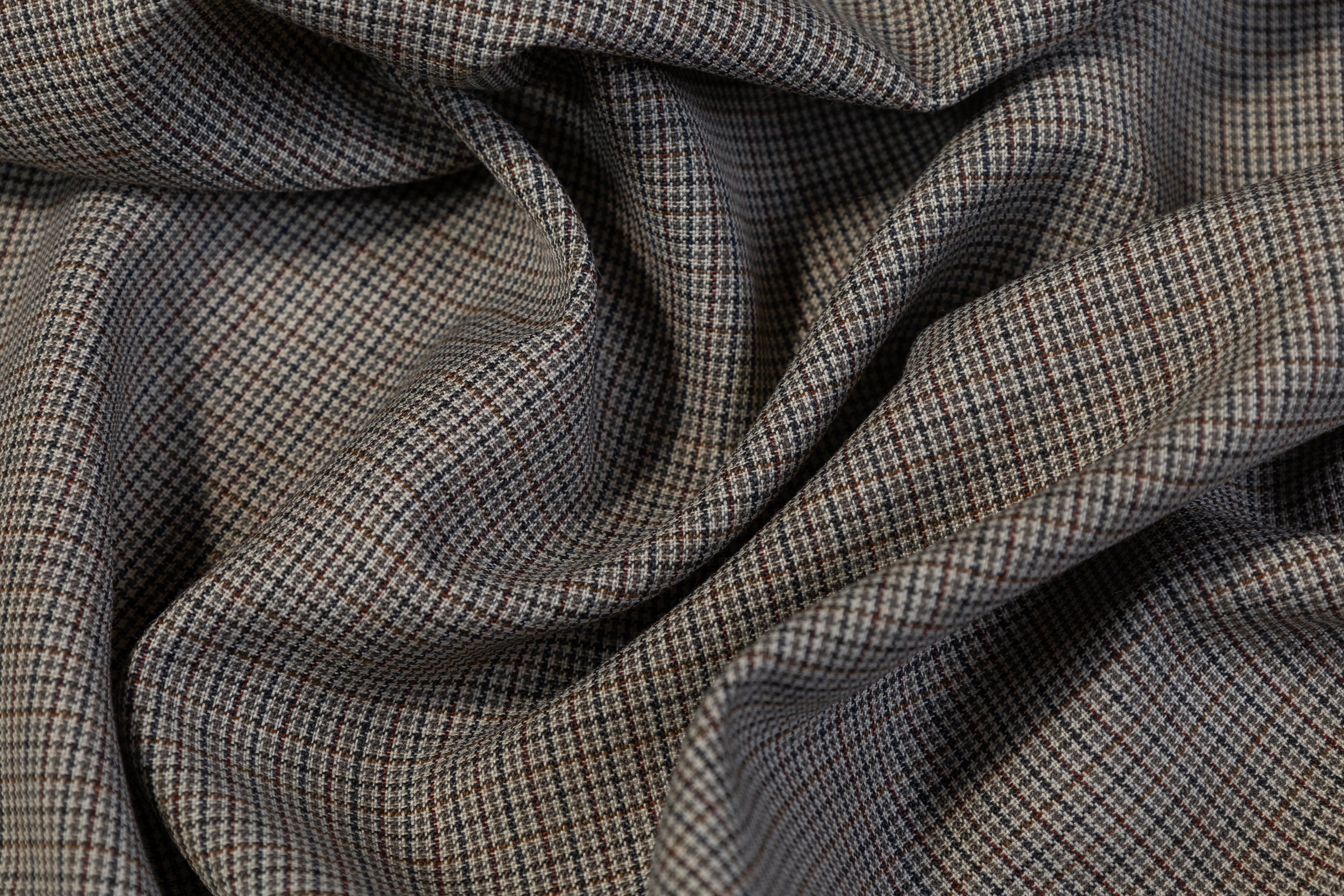 Micro Plaid Italian Poly Wool Suiting - Gray / Brown / Burgundy