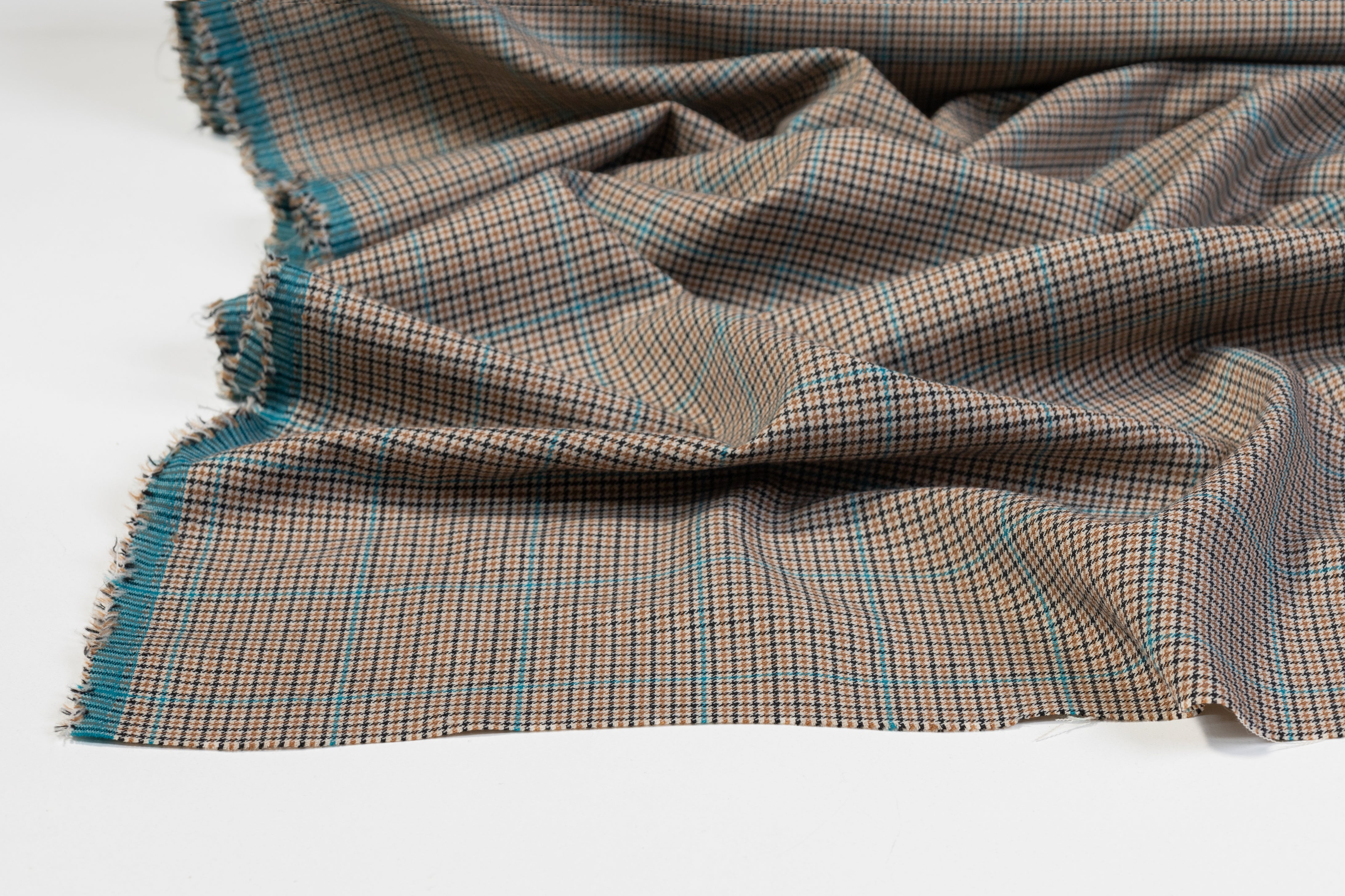 Checked Italian Wool Blend Stretch Suiting - Tan / Turquoise