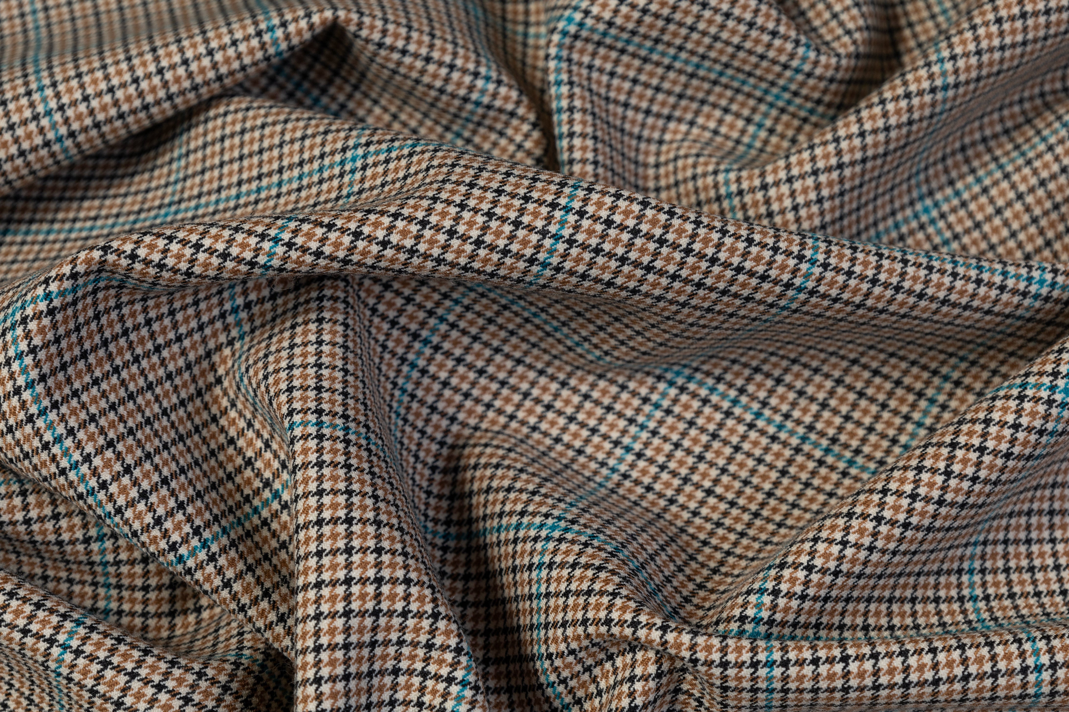 Checked Italian Wool Blend Stretch Suiting - Tan / Turquoise