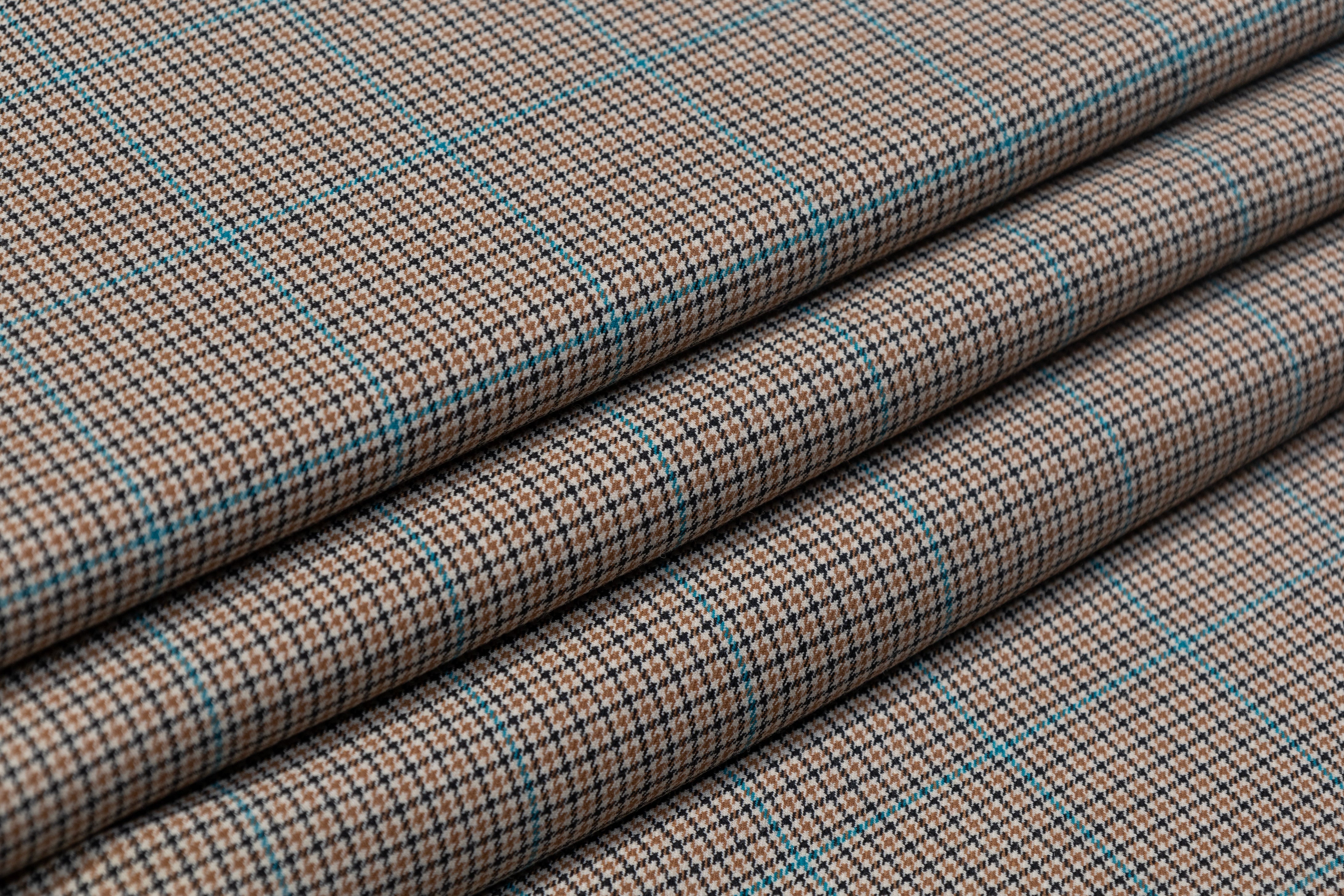 Checked Italian Wool Blend Stretch Suiting - Tan / Turquoise