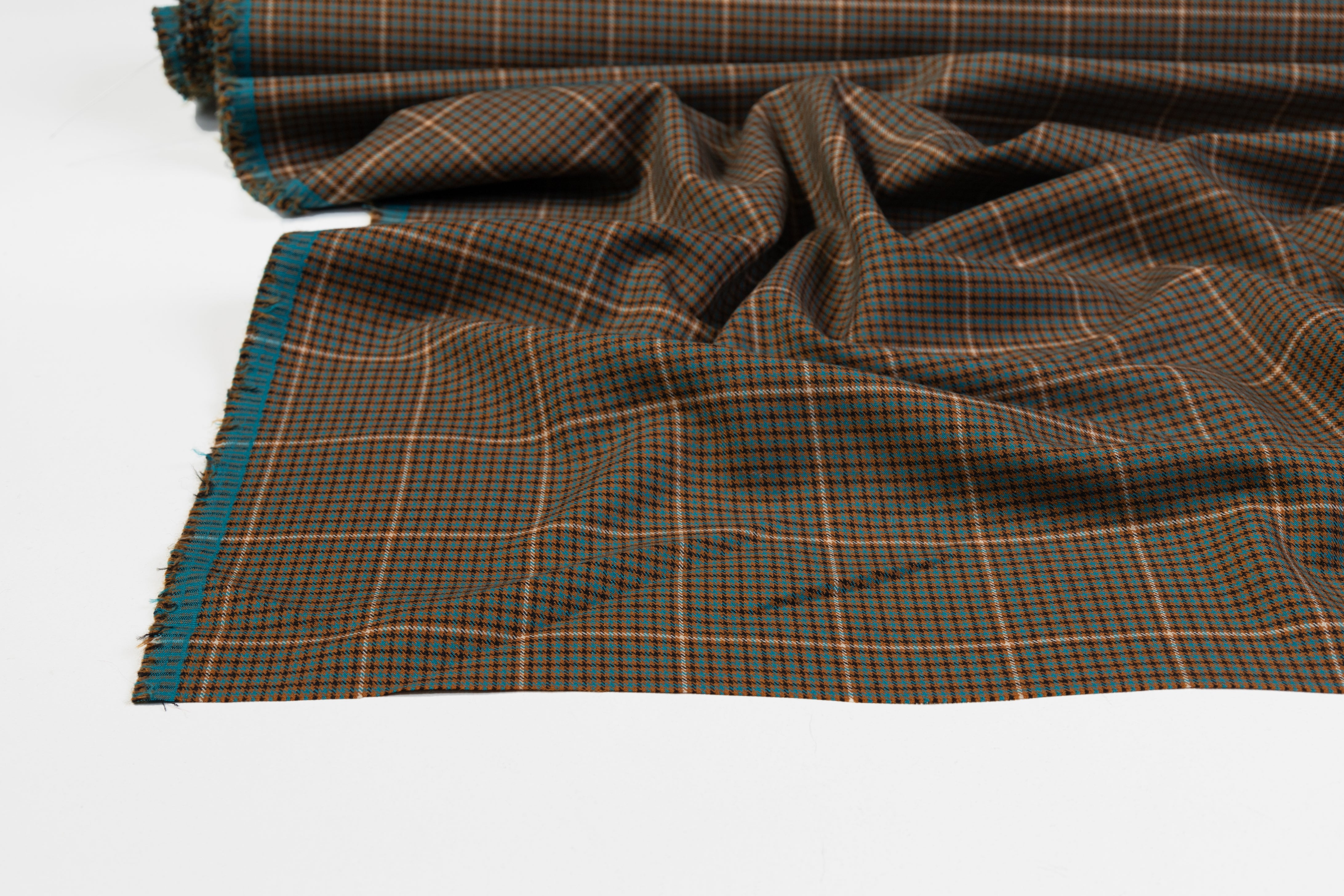 Checked Italian Wool Blend Stretch Suiting - Brown / Turquoise