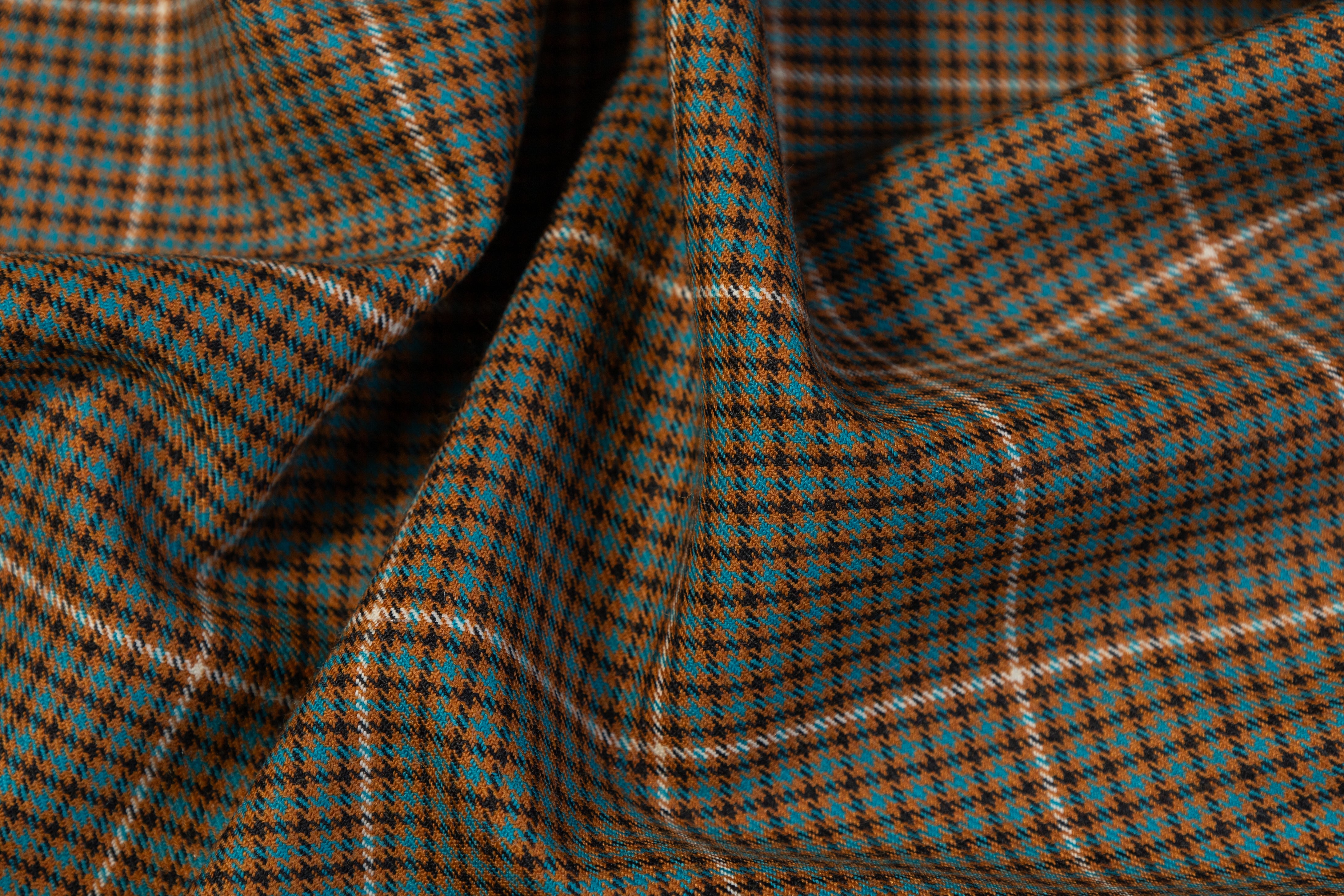 Checked Italian Wool Blend Stretch Suiting - Brown / Turquoise