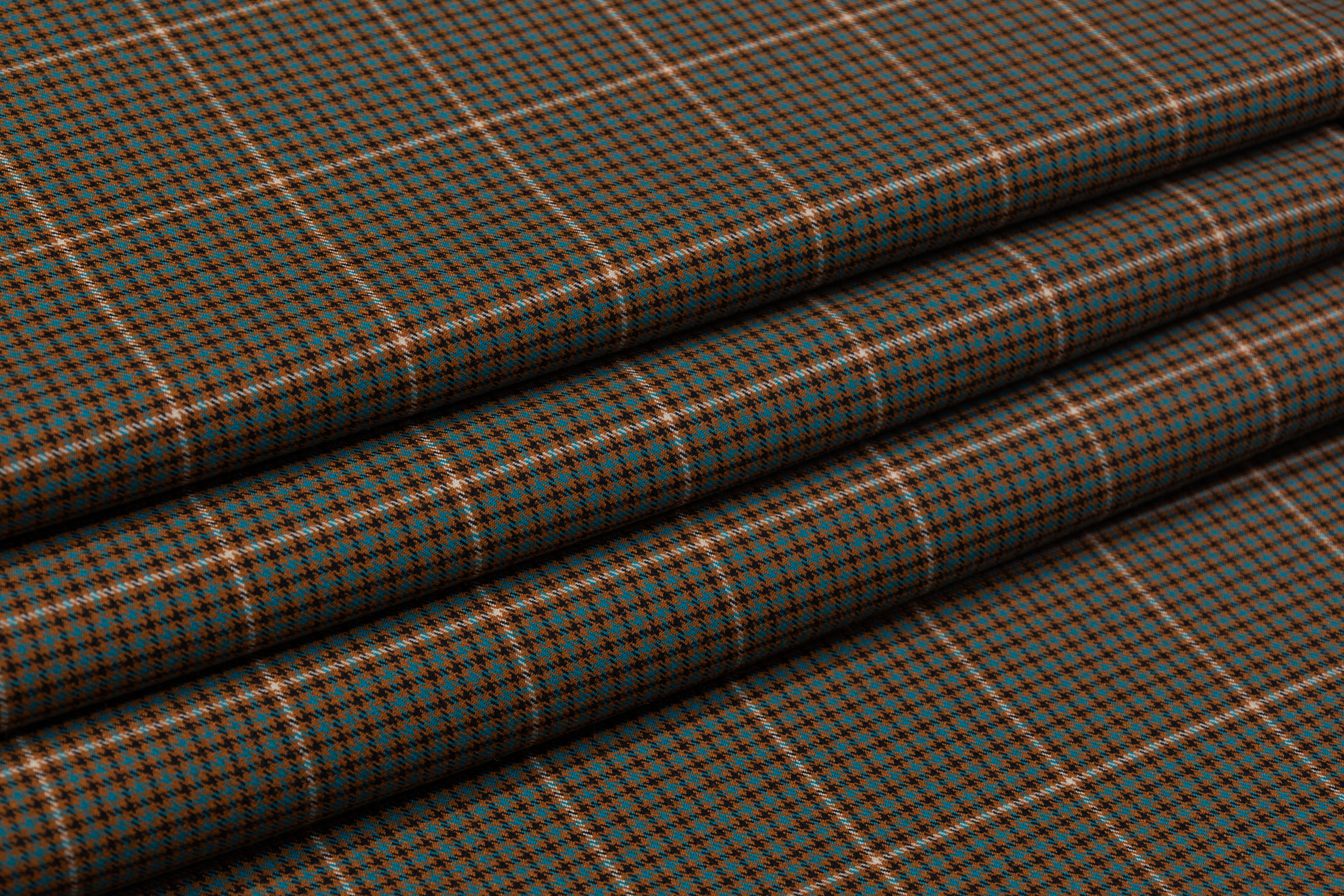 Checked Italian Wool Blend Stretch Suiting - Brown / Turquoise