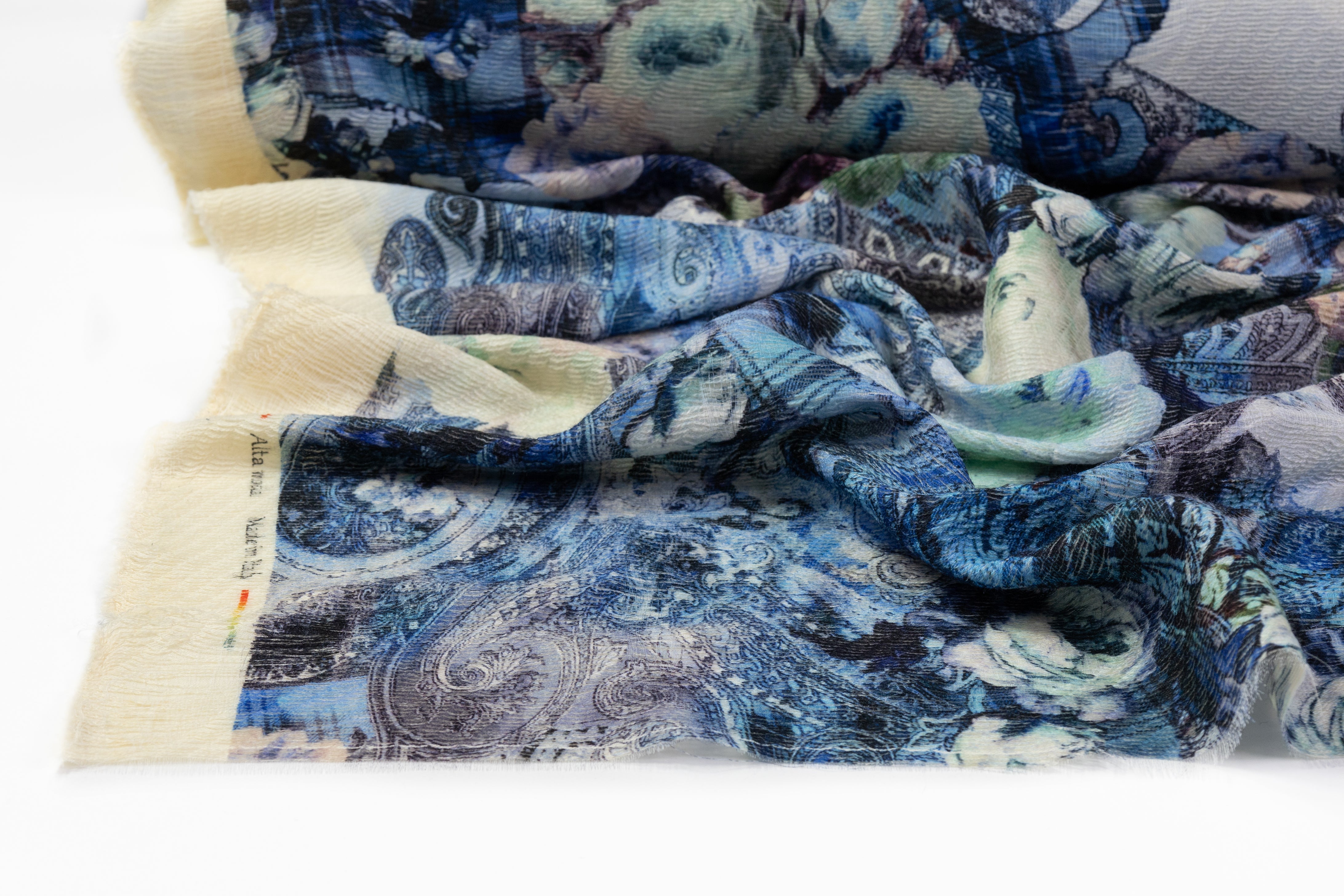 Abstract Paisley Floral Italian Textured Wool Challis - Blue