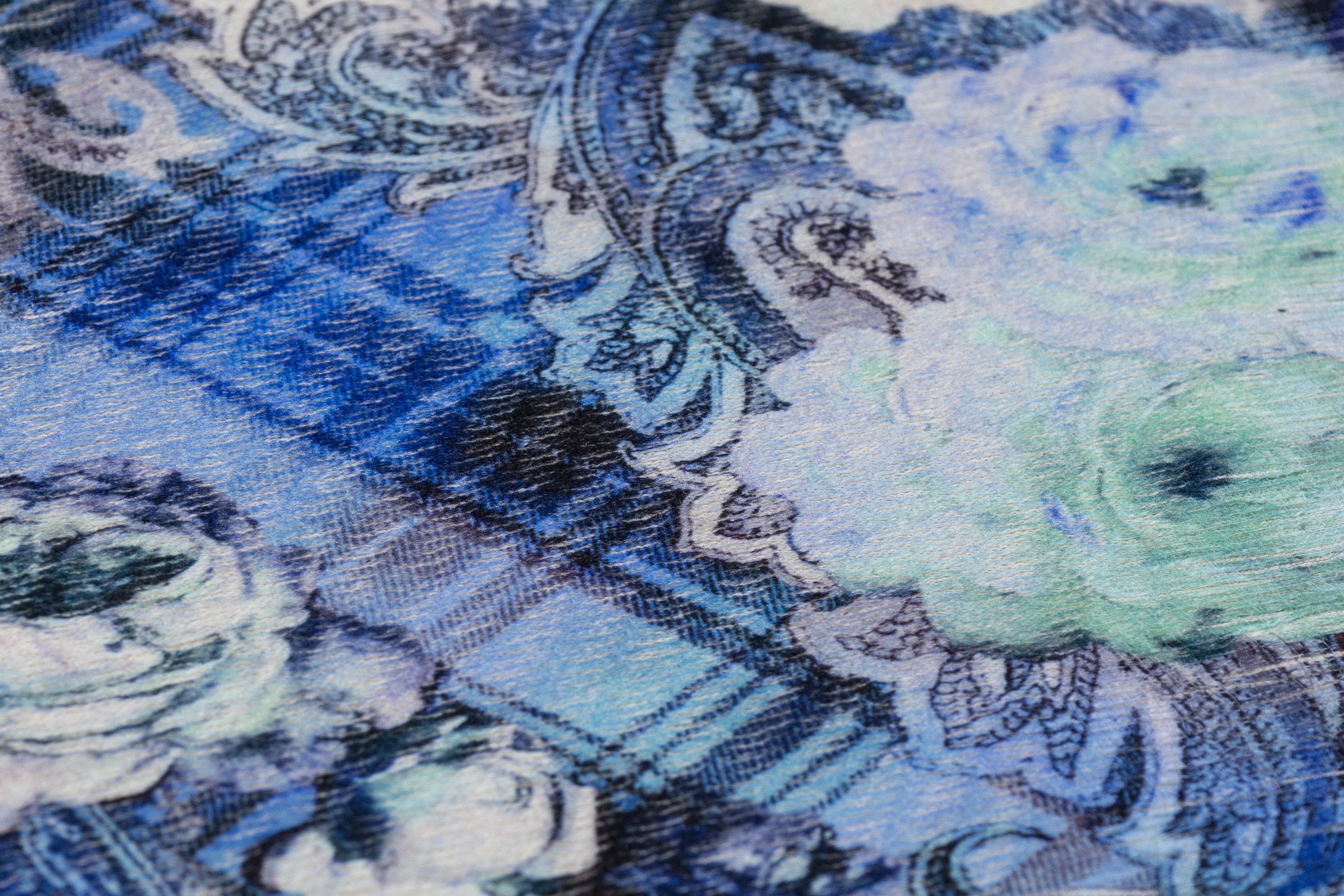 Abstract Paisley Floral Italian Textured Wool Challis - Blue