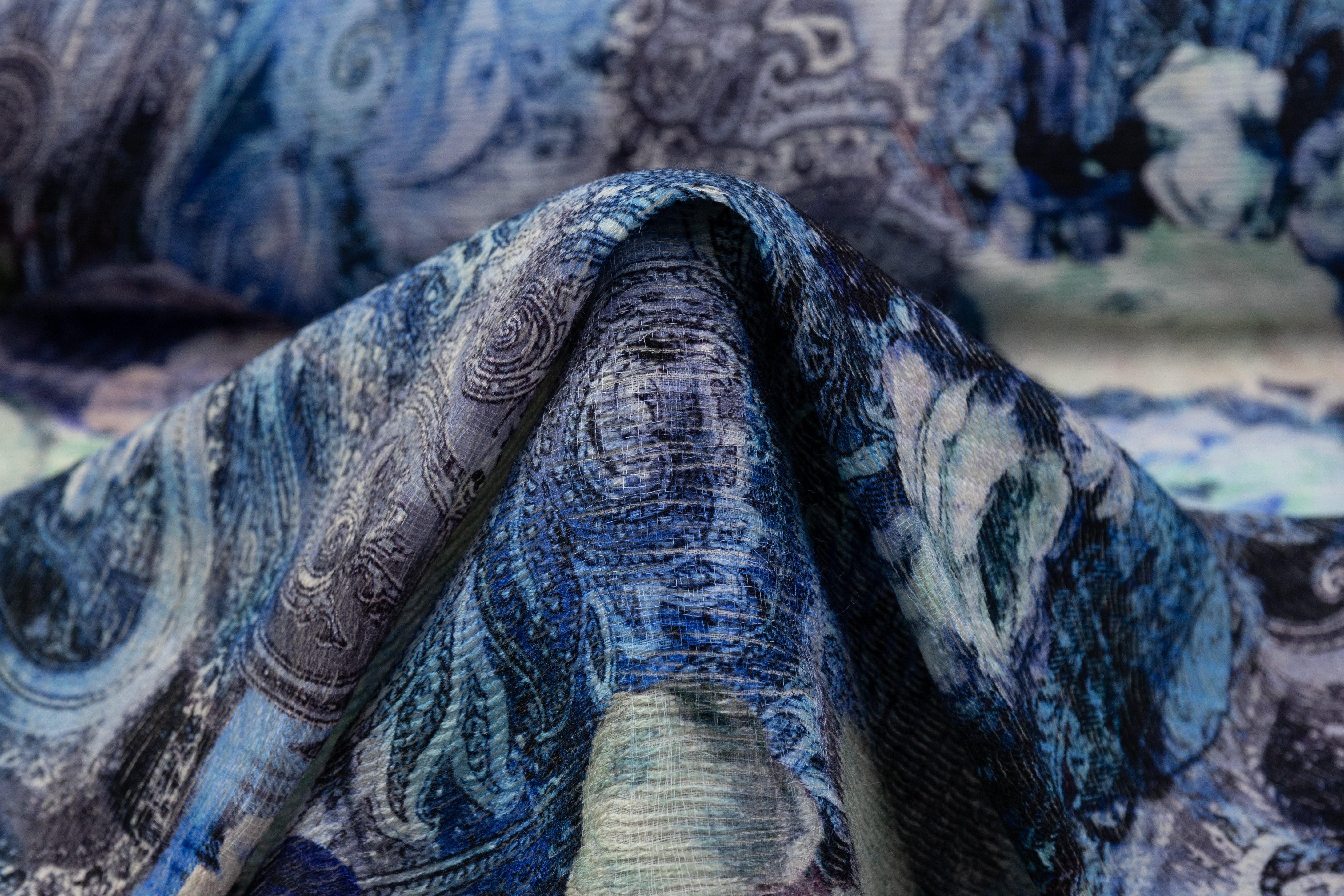 Abstract Paisley Floral Italian Textured Wool Challis - Blue