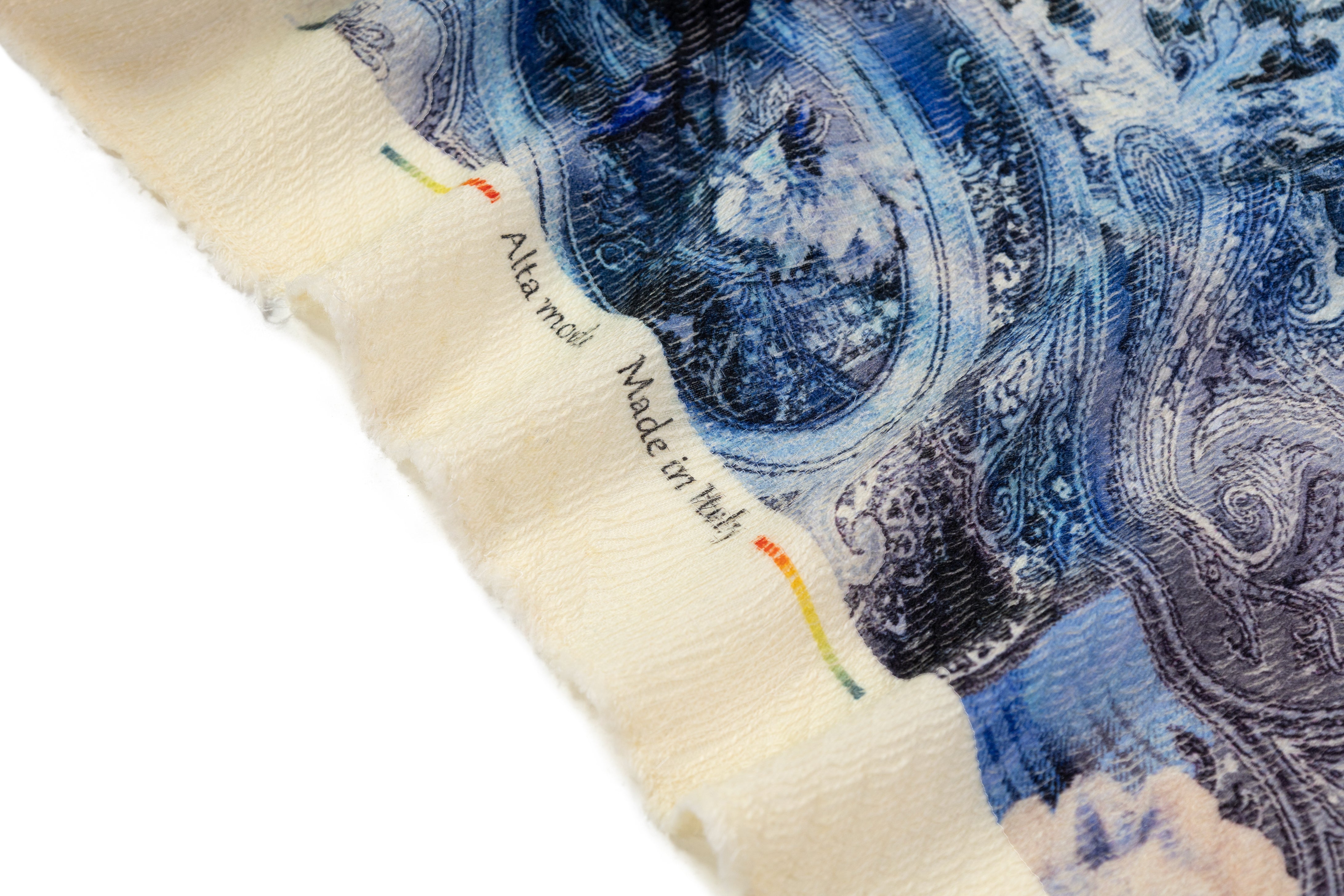 Abstract Paisley Floral Italian Textured Wool Challis - Blue