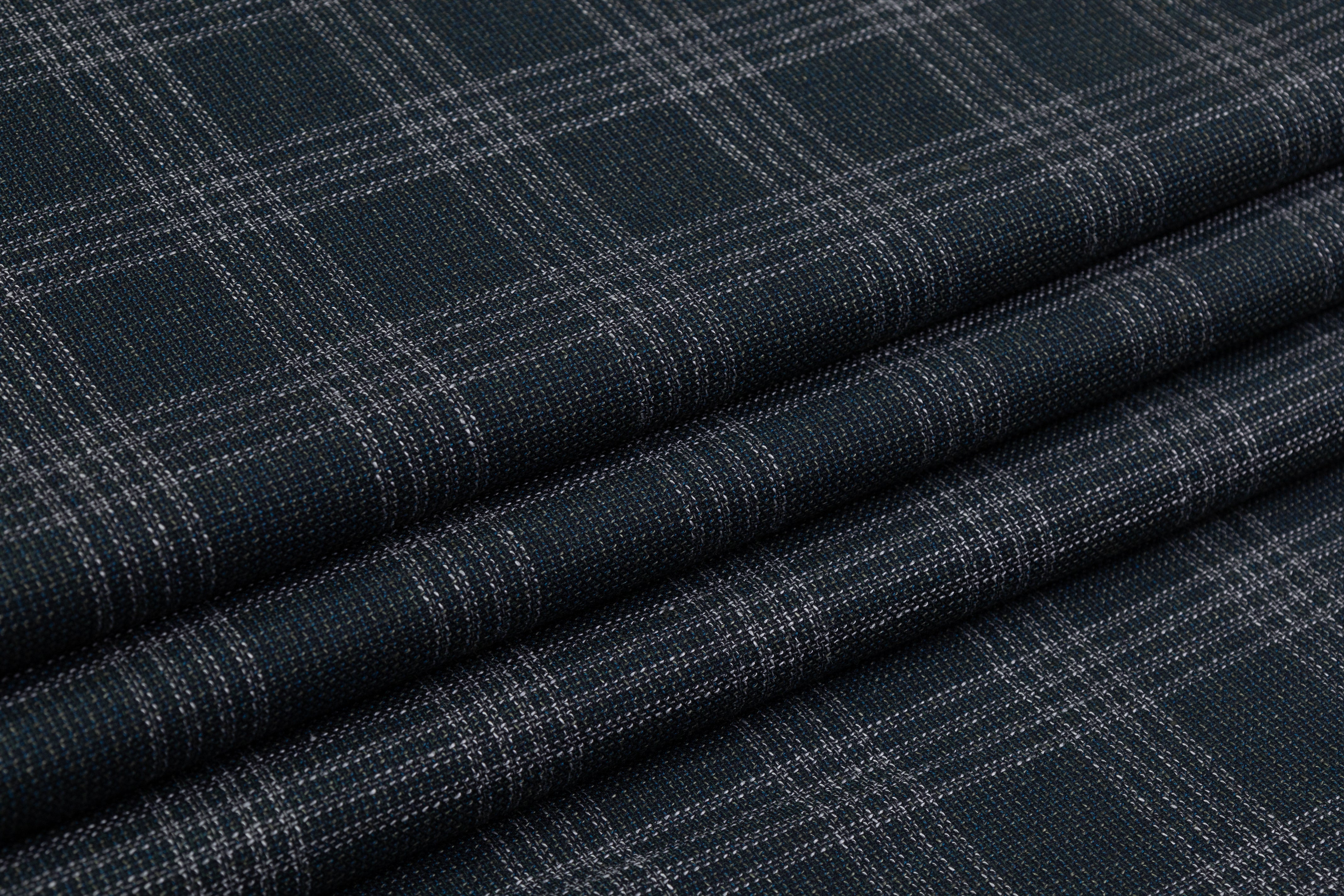 Checked Italian Wool Cotton Tweed - Midnight Teal