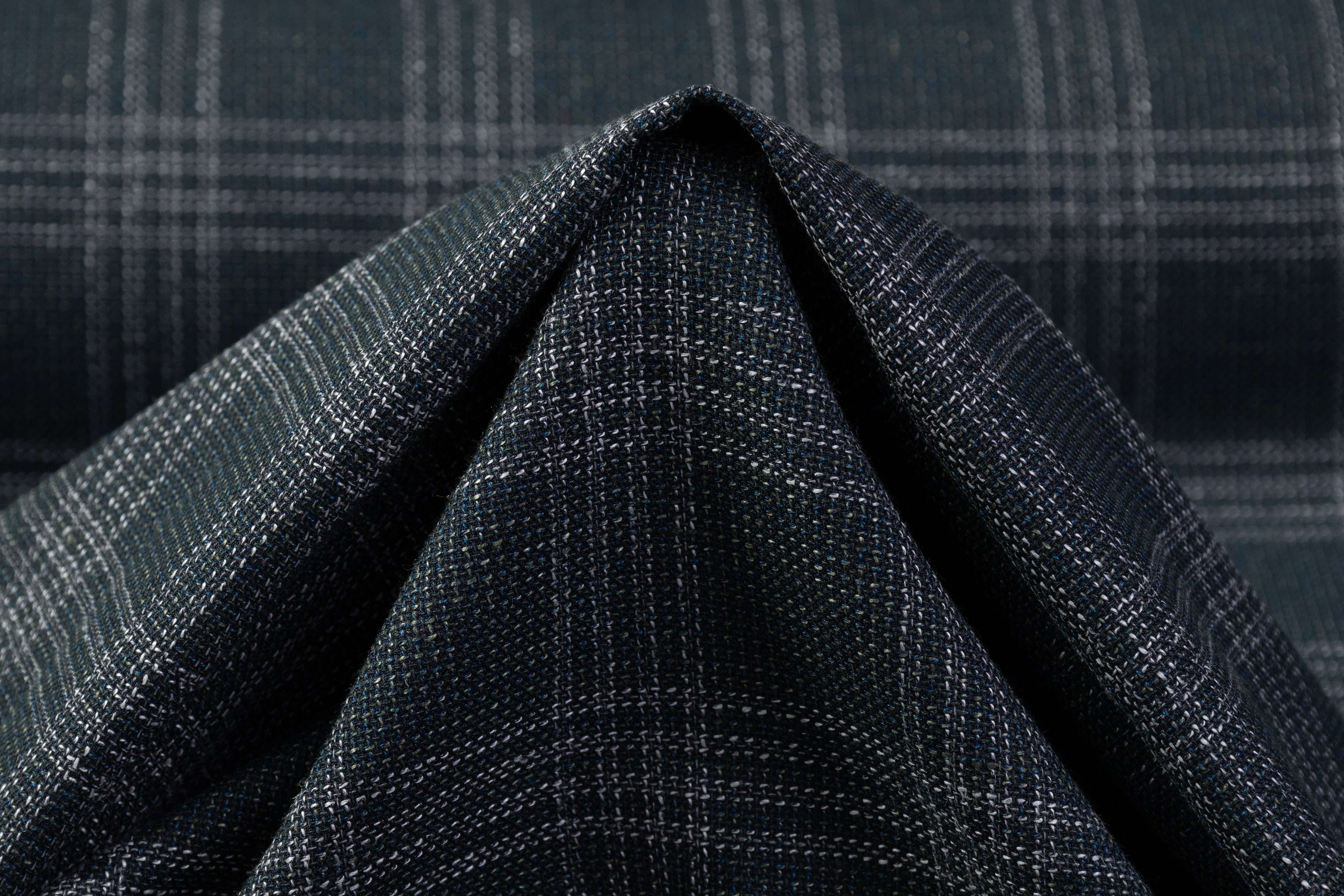 Checked Italian Wool Cotton Tweed - Midnight Teal