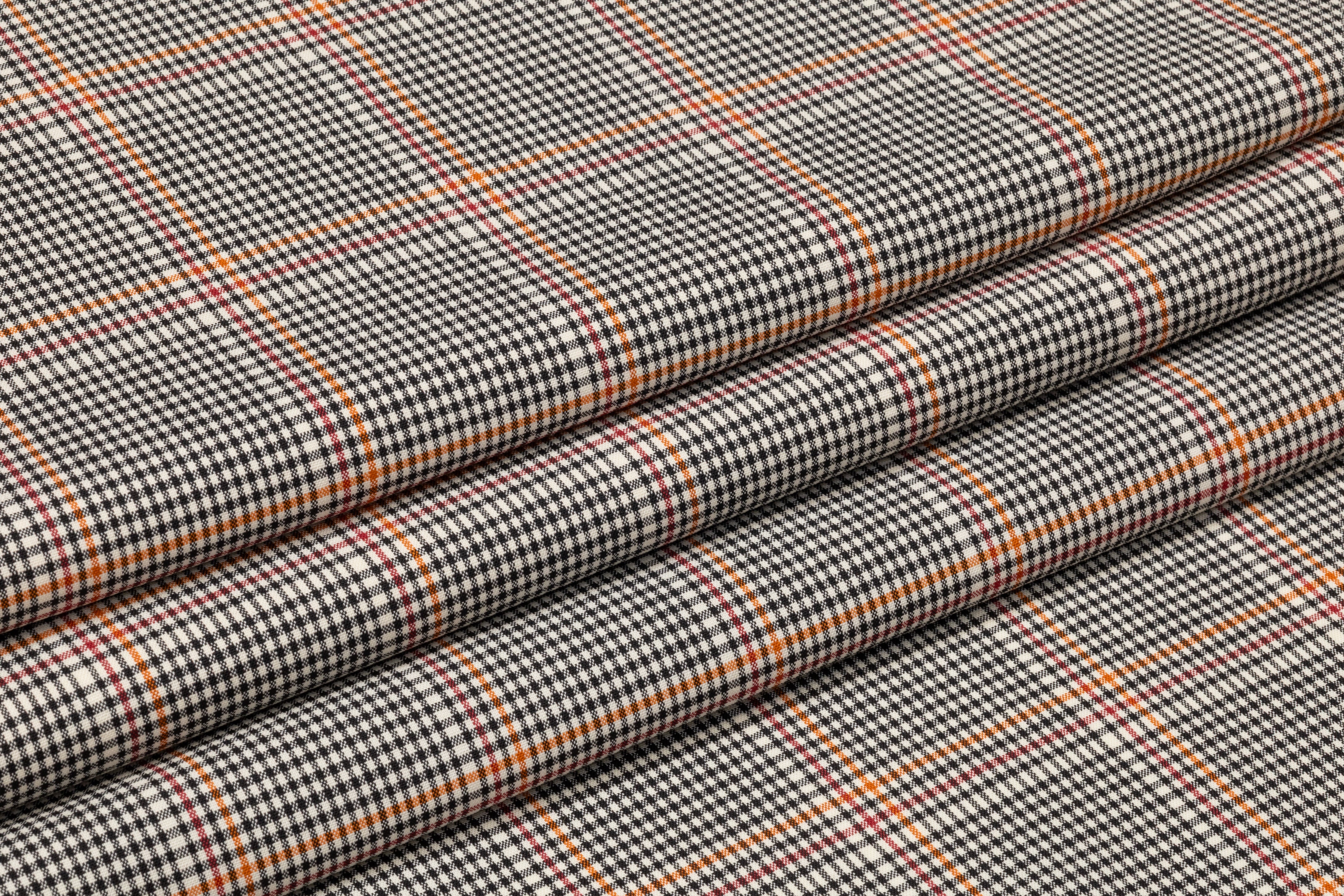 Checked Italian Wool Suiting - Black / Red / Orange / Off White