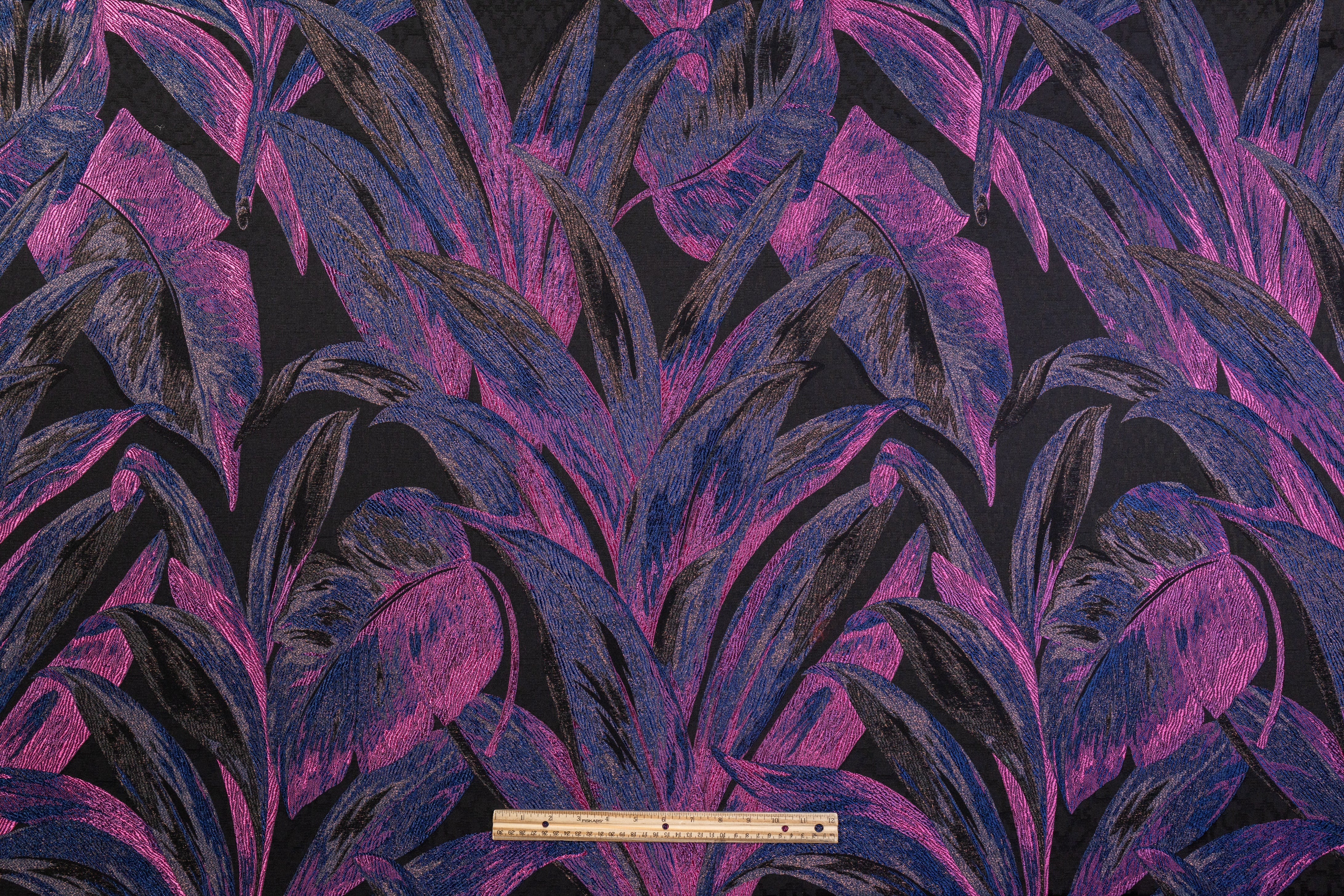 Metallic Italian Wool Blend Brocade - Blue / Black / Fuchsia