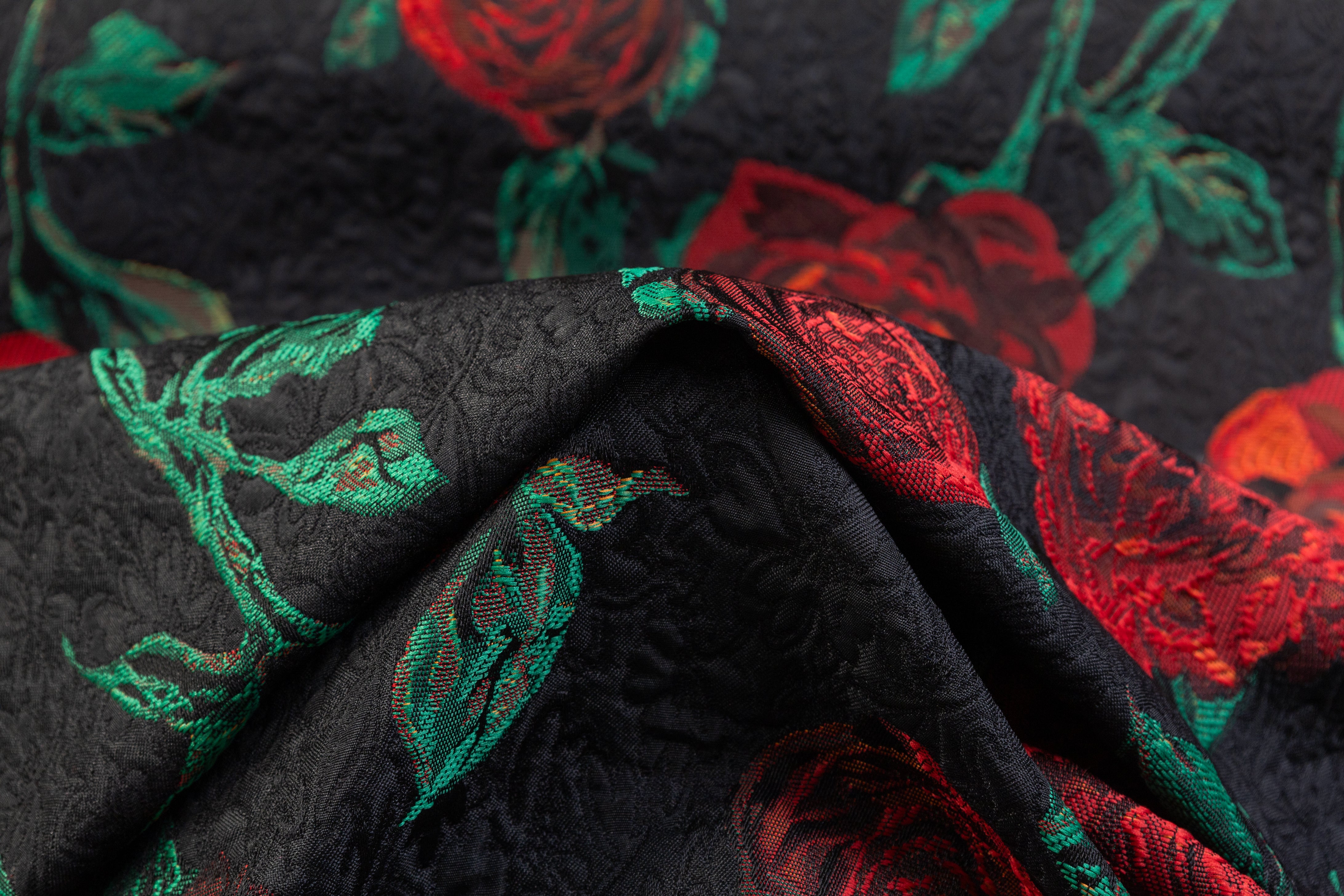 Rose Floral Italian Brocade - Red / Green / Black