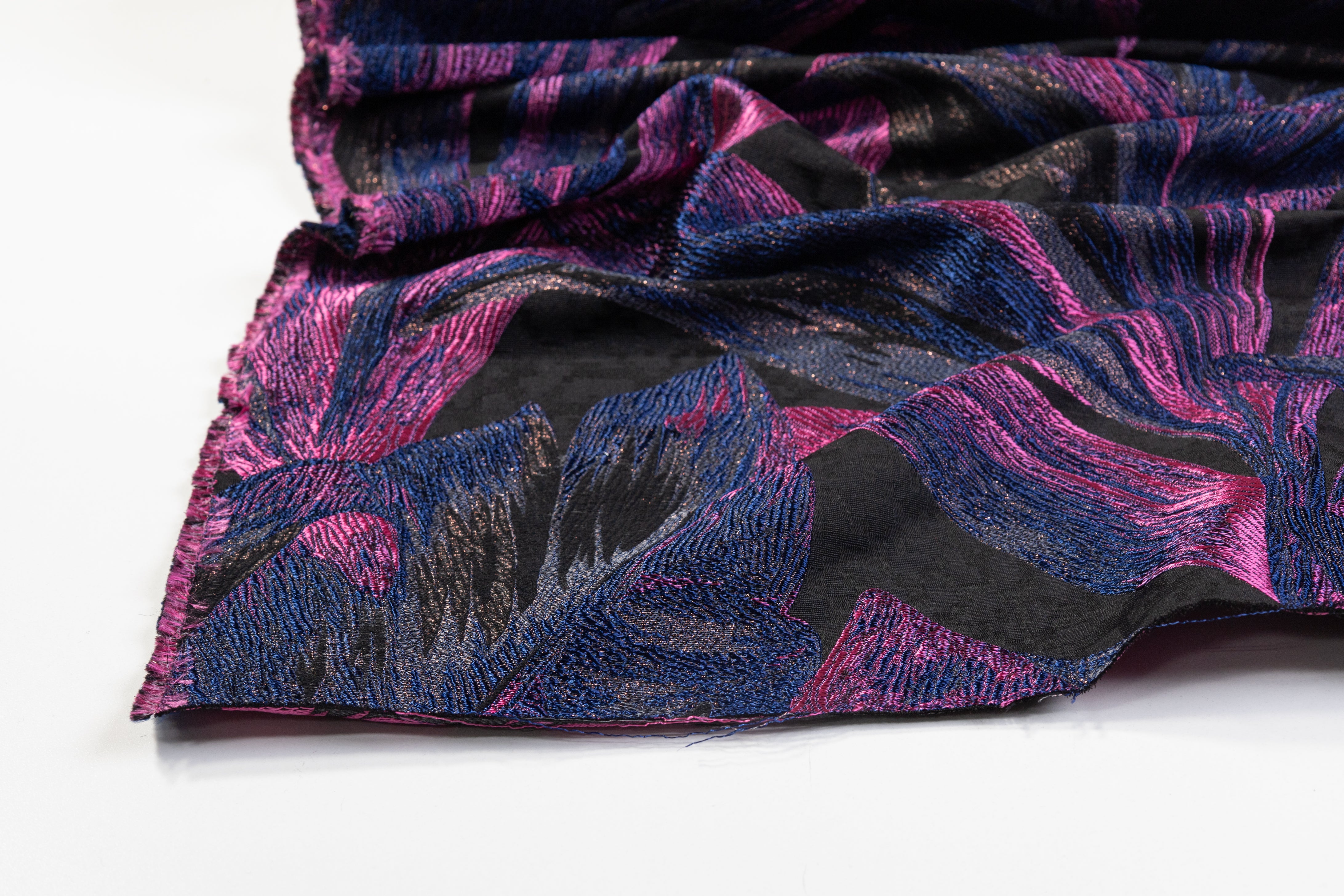 Metallic Italian Wool Blend Brocade - Blue / Black / Fuchsia