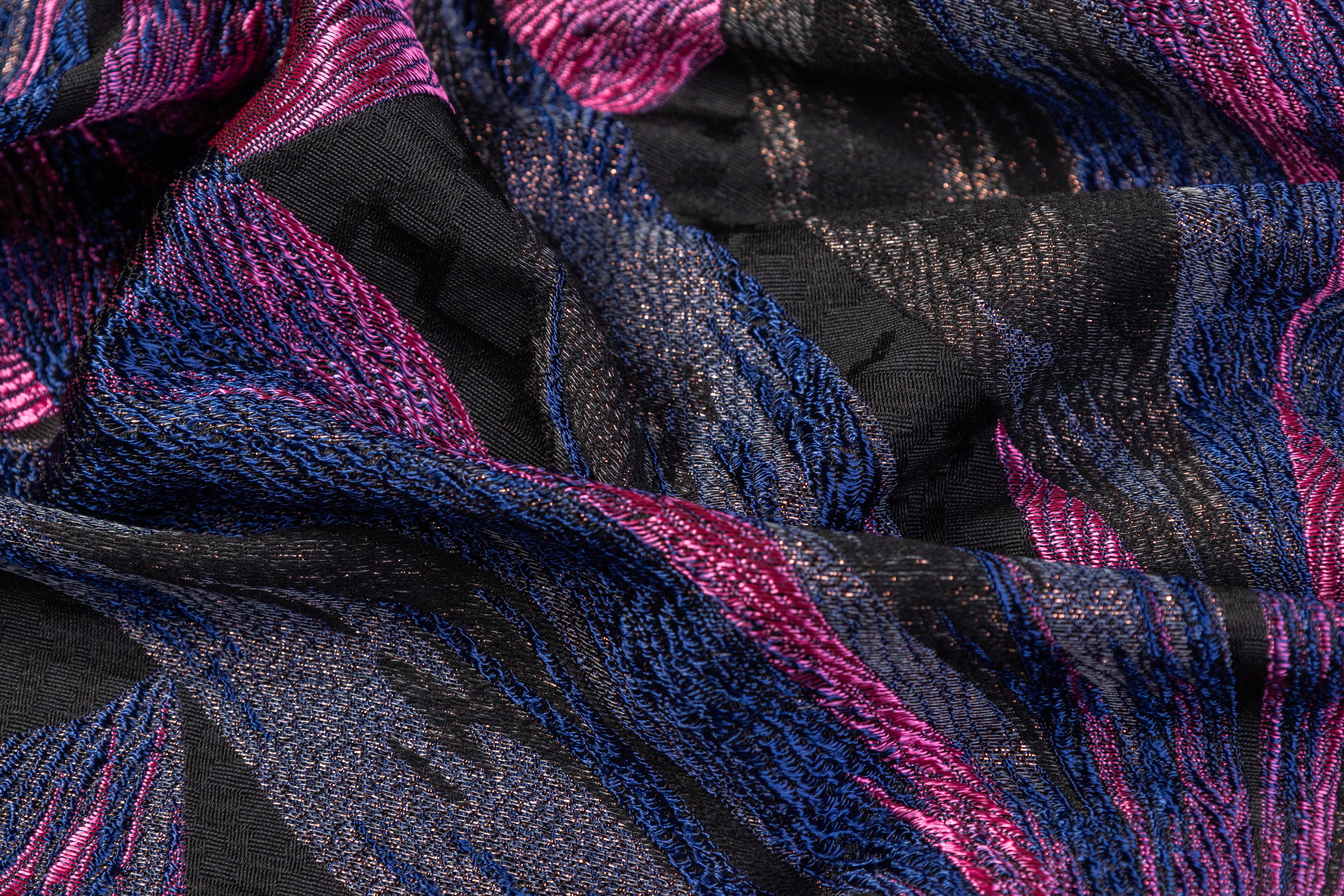 Metallic Italian Wool Blend Brocade - Blue / Black / Fuchsia