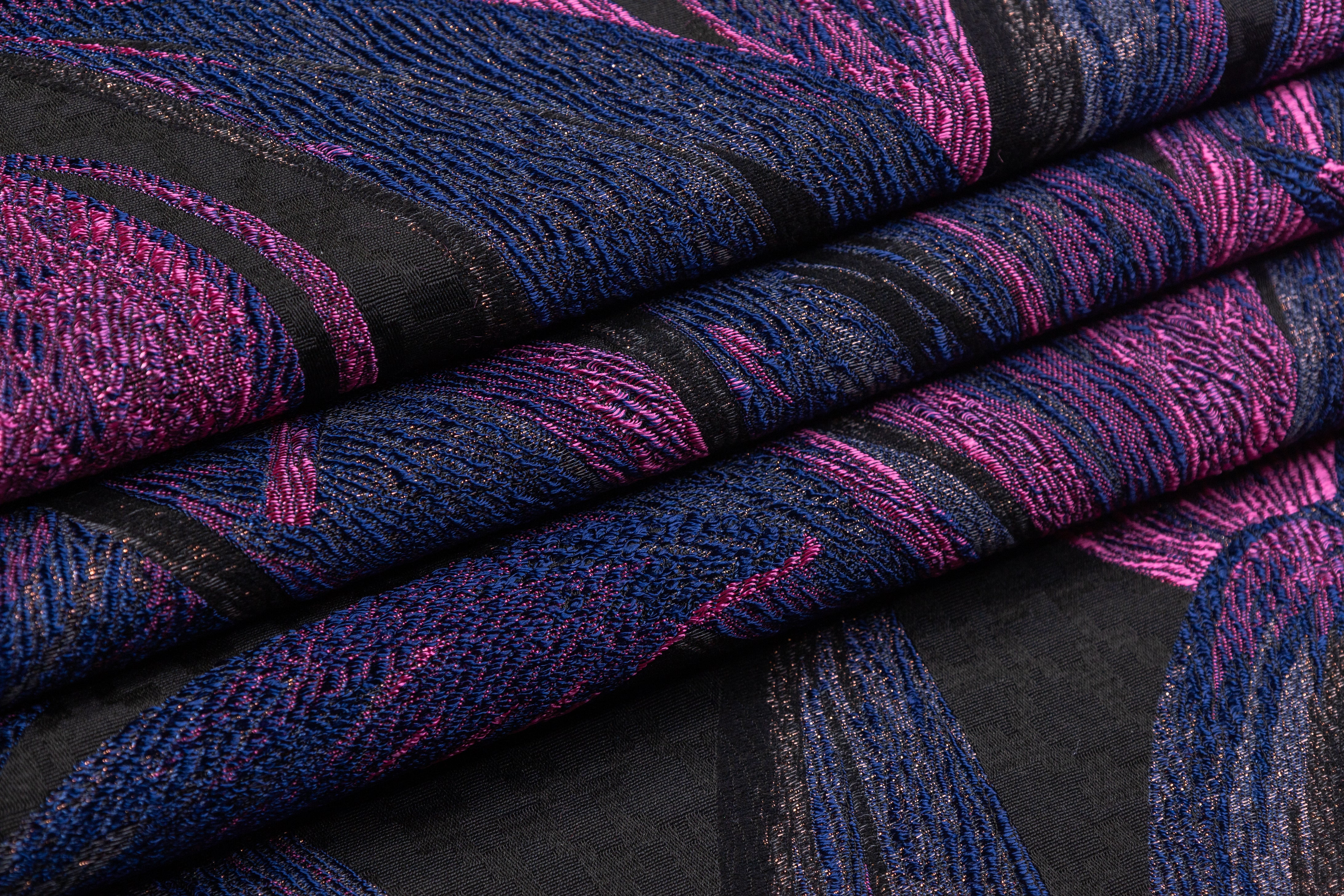 Metallic Italian Wool Blend Brocade - Blue / Black / Fuchsia
