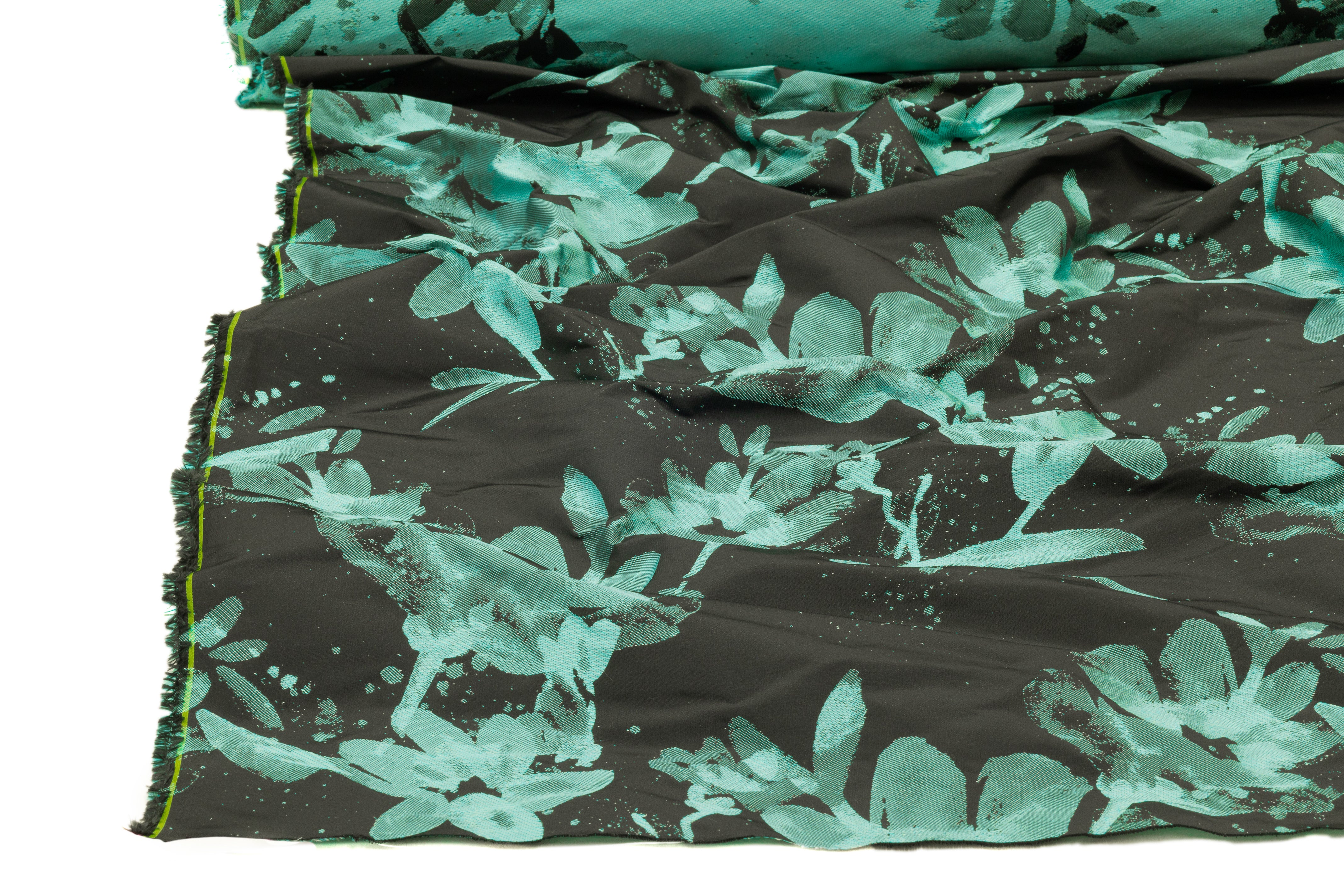 Floral Italian Taffeta Jacquard - Black / Aqua Green