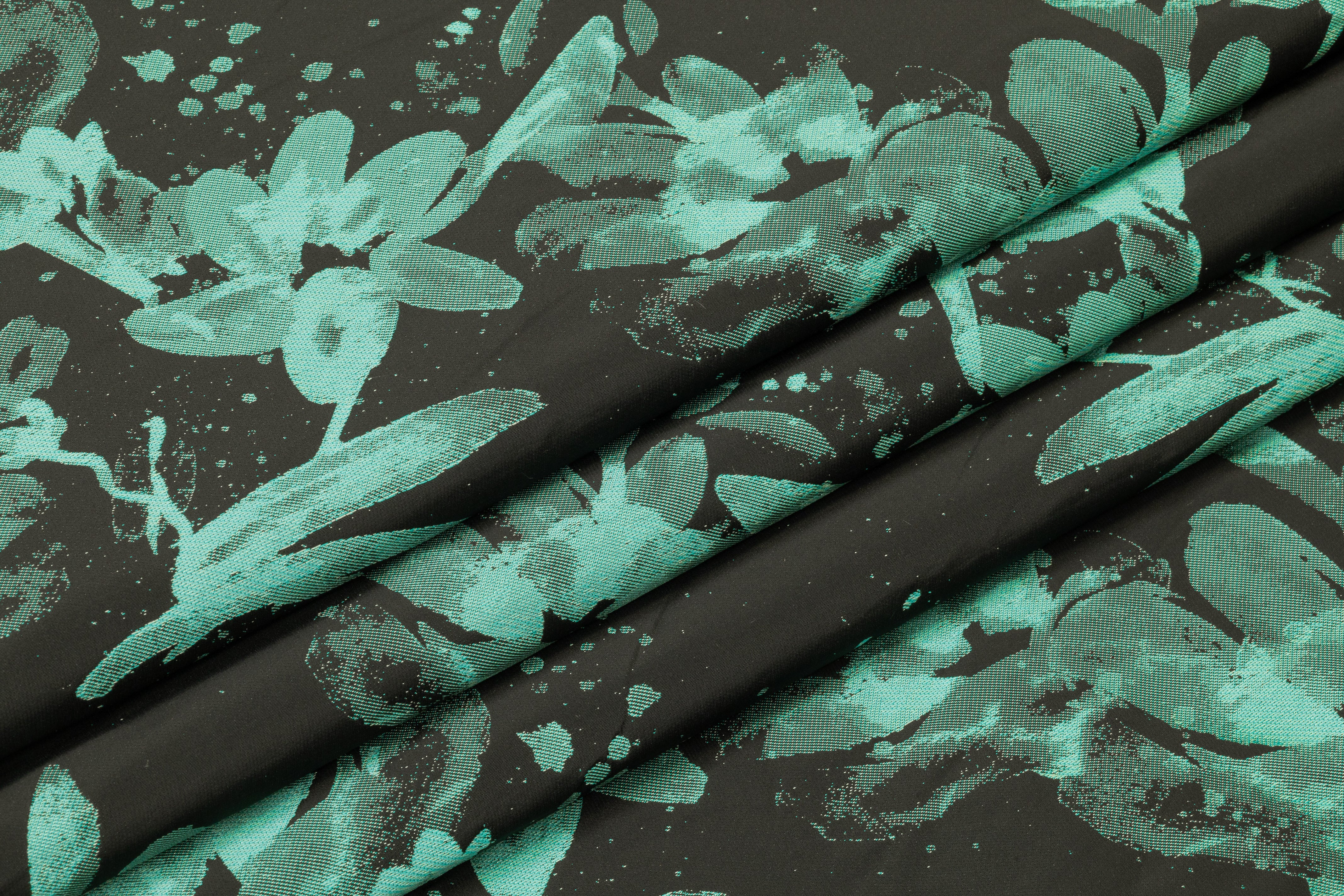Floral Italian Taffeta Jacquard - Black / Aqua Green