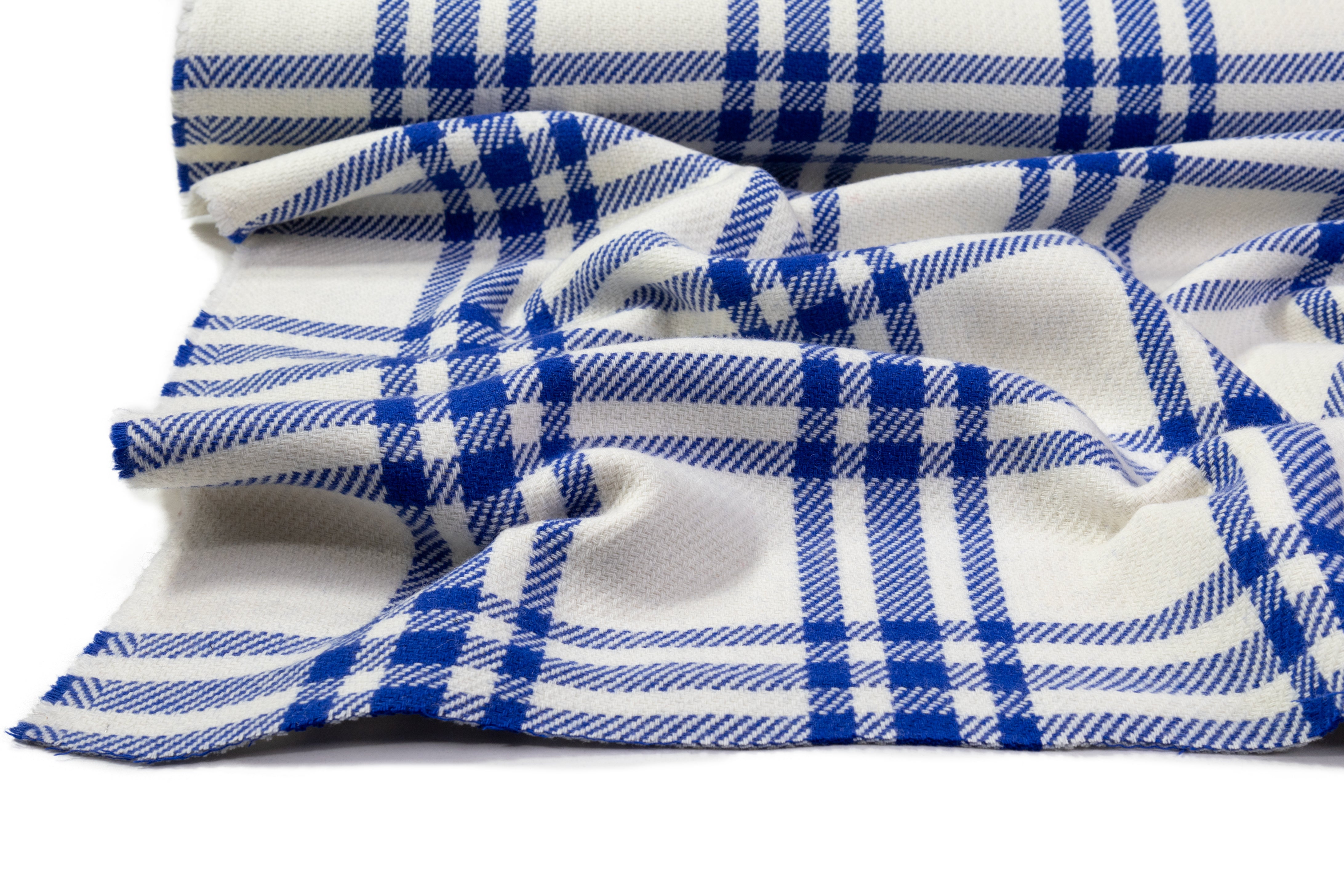 Double Faced Plaid Italian Wool Coating - Blue / Off White
