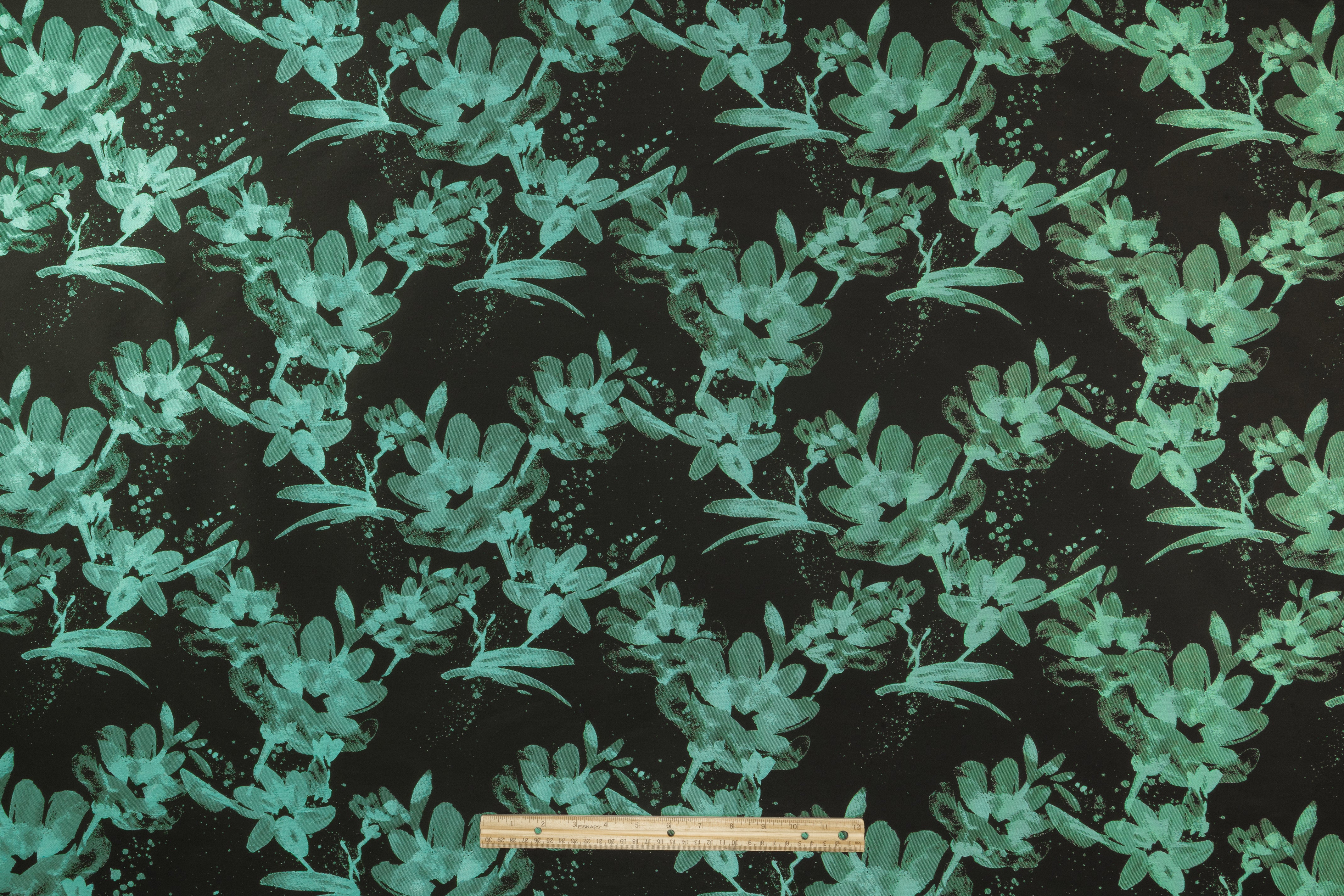 Floral Italian Taffeta Jacquard - Black / Aqua Green