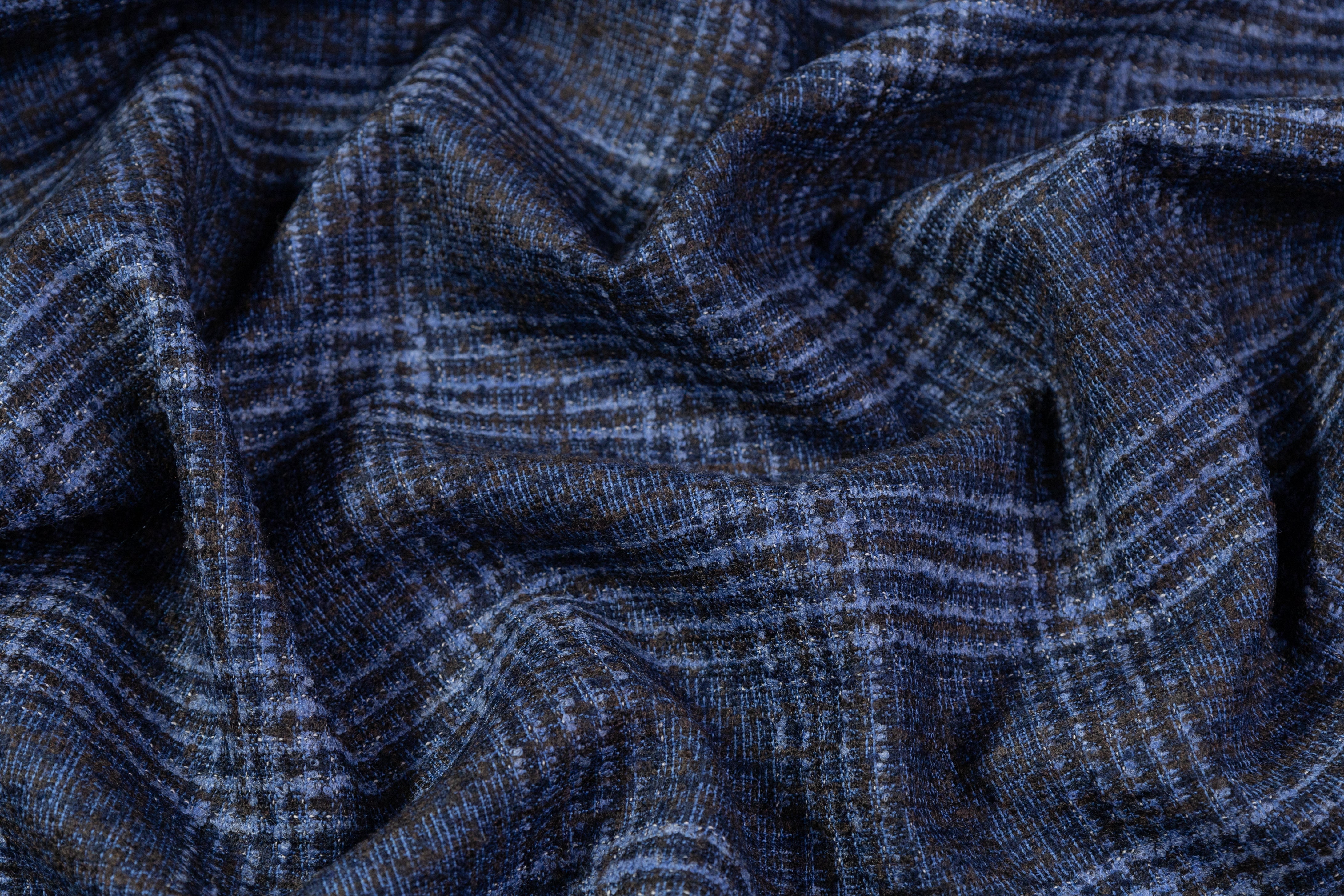 Checked Italian Wool Nylon Boucle Suiting - Navy / Dark Brown