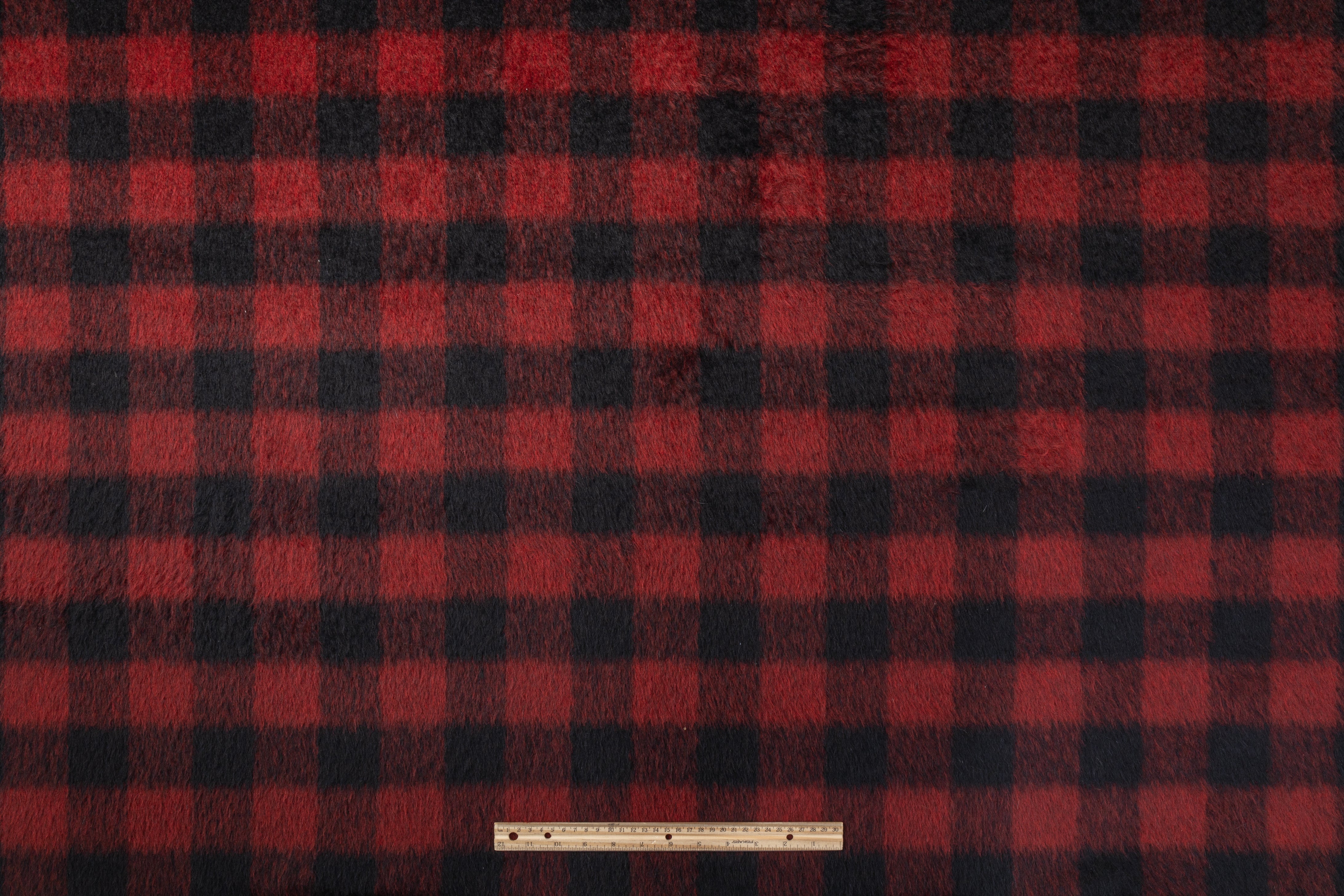 Buffalo Plaid Long-haired Wool Coating - Red / Black