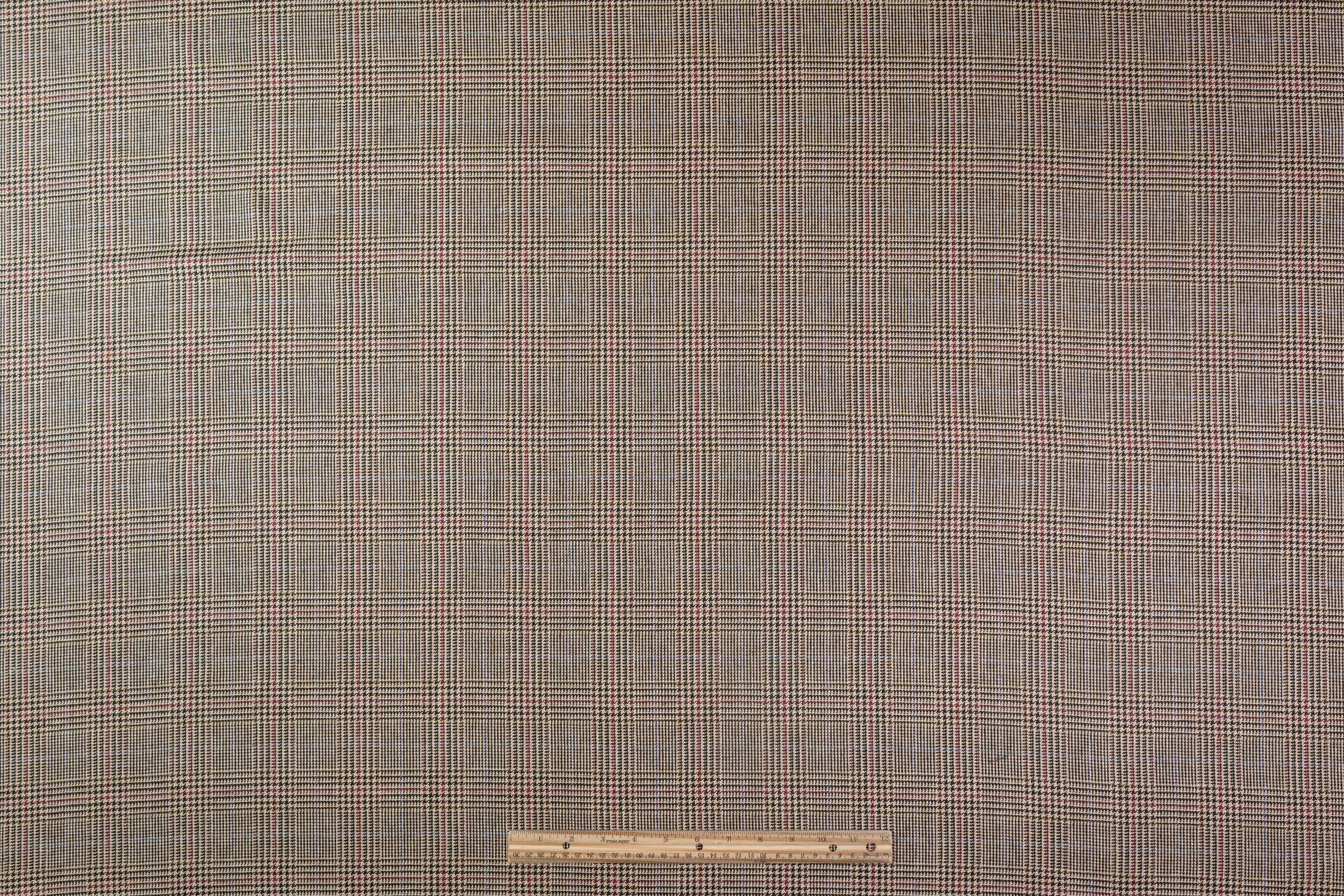 Glen Check Italian Silk Suiting - Tan / Burgundy / Blue