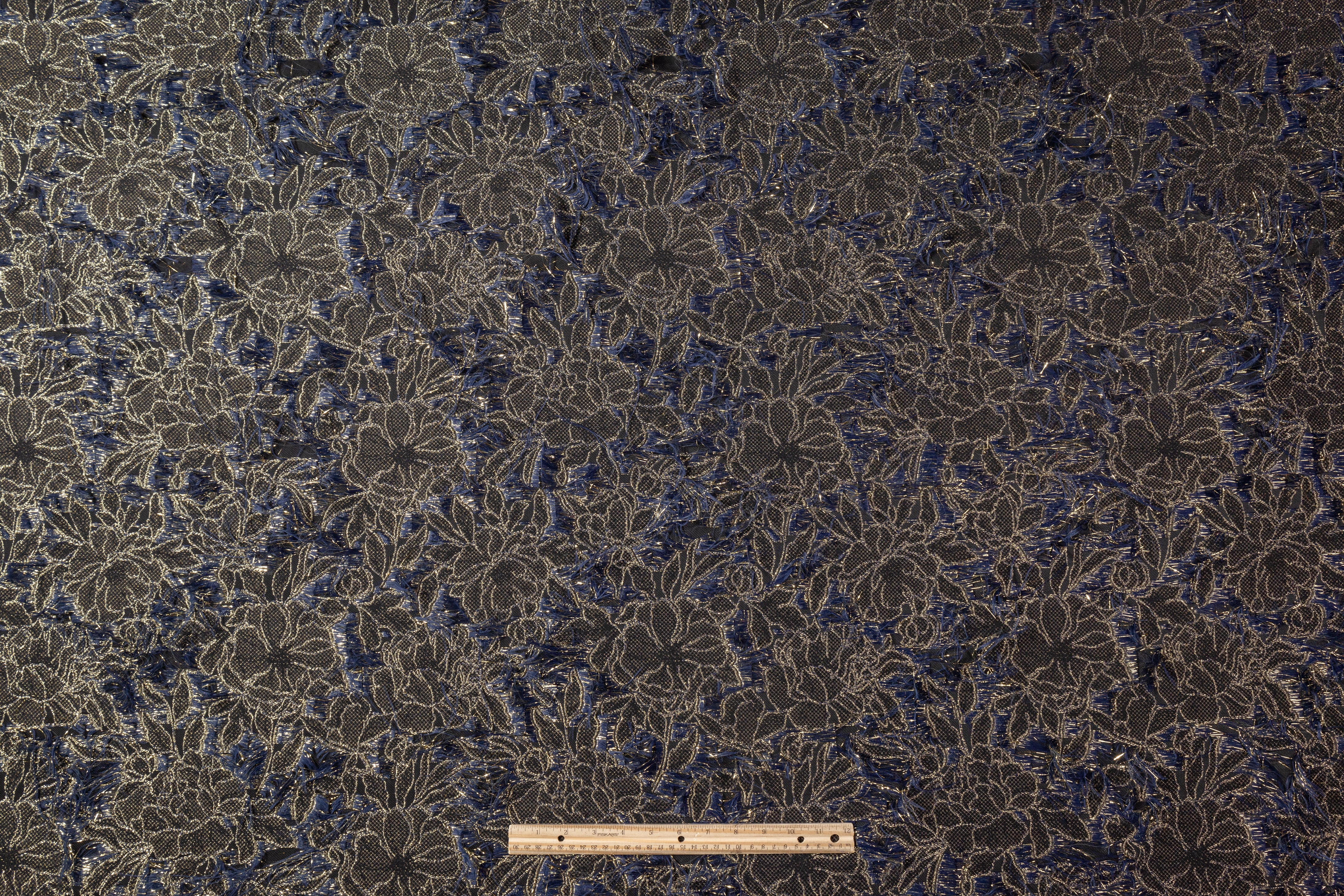 Fringed Floral Metallic Brocade - Navy / Gold / Black