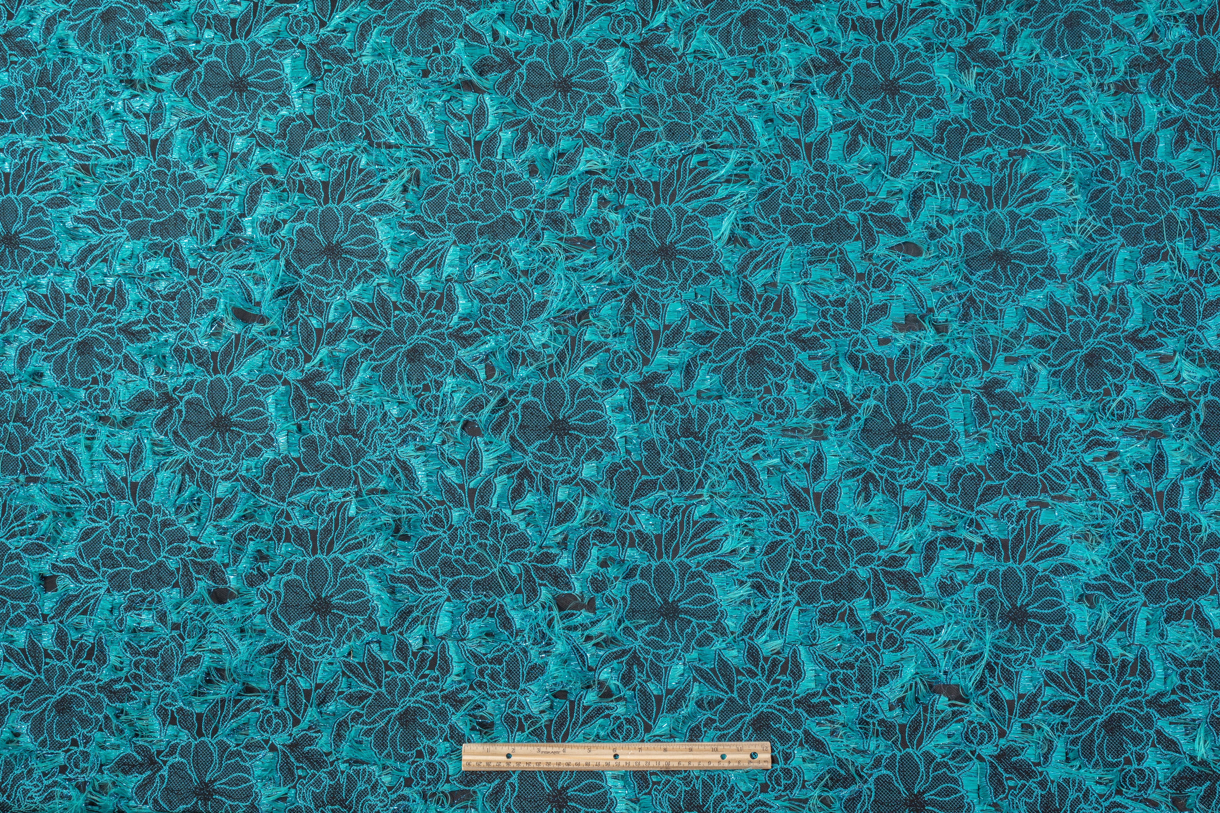 Fringed Floral Metallic Brocade - Turquoise / Black