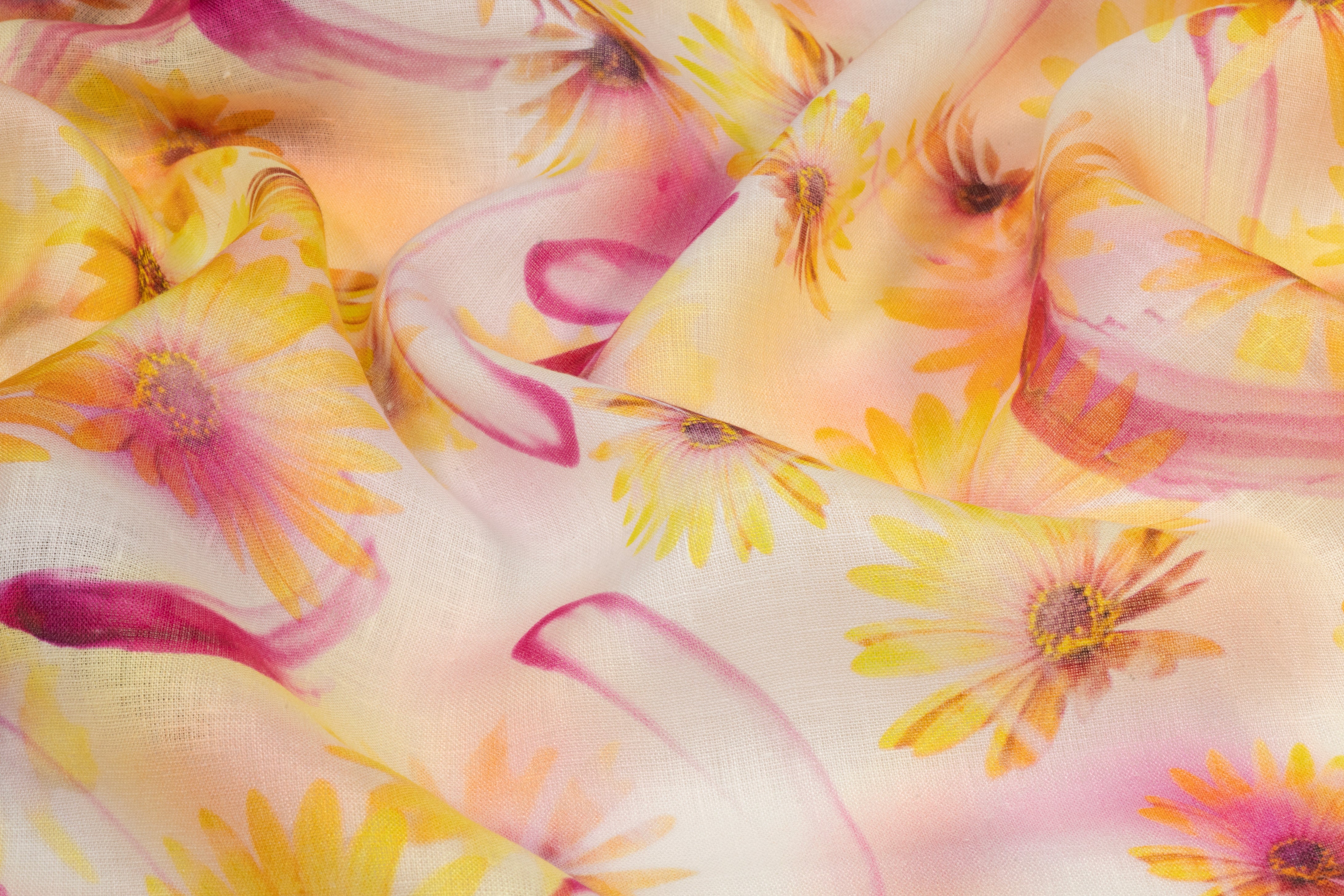 Floral Linen Print - Golden Yellow / Fuchsia