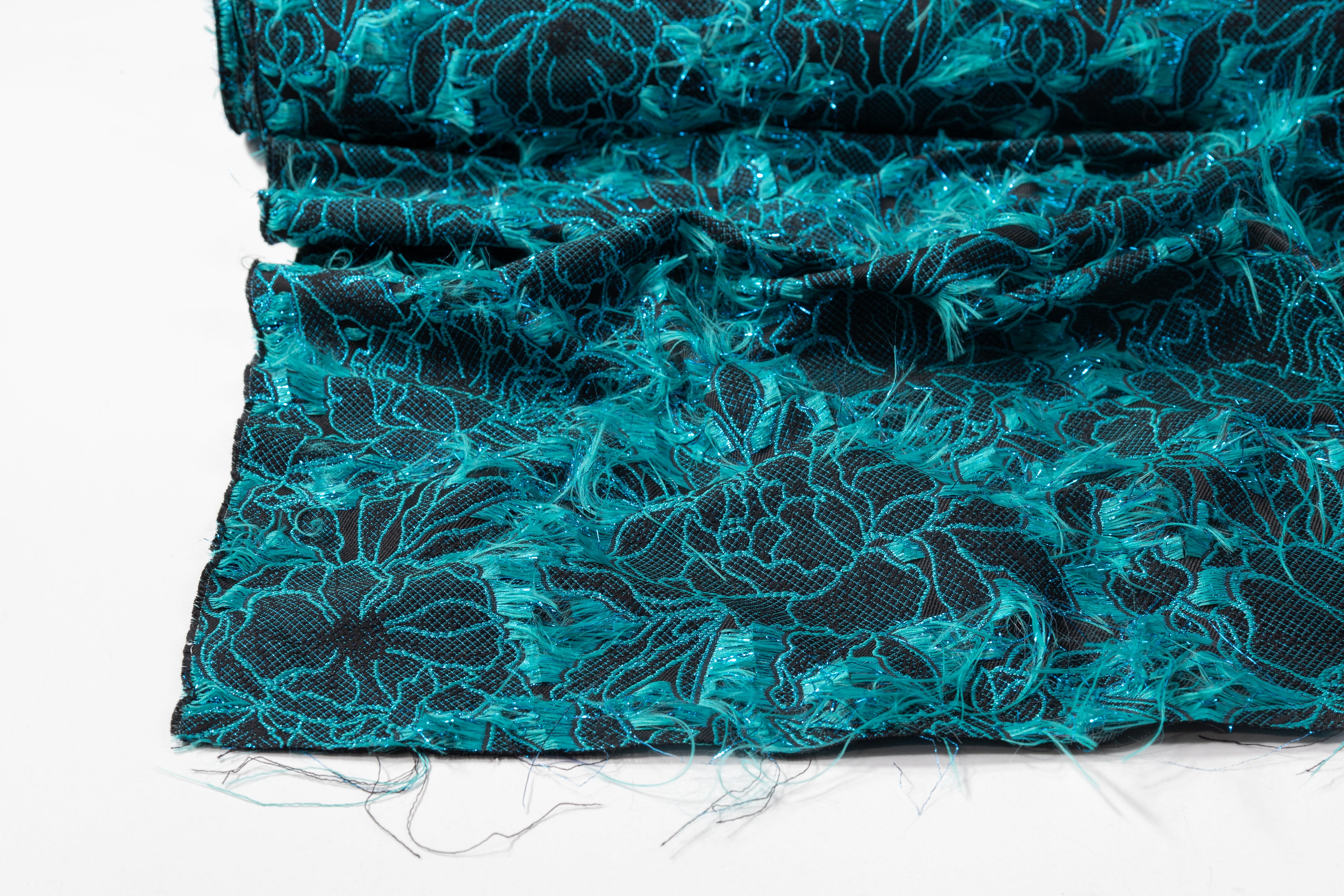 Fringed Floral Metallic Brocade - Turquoise / Black