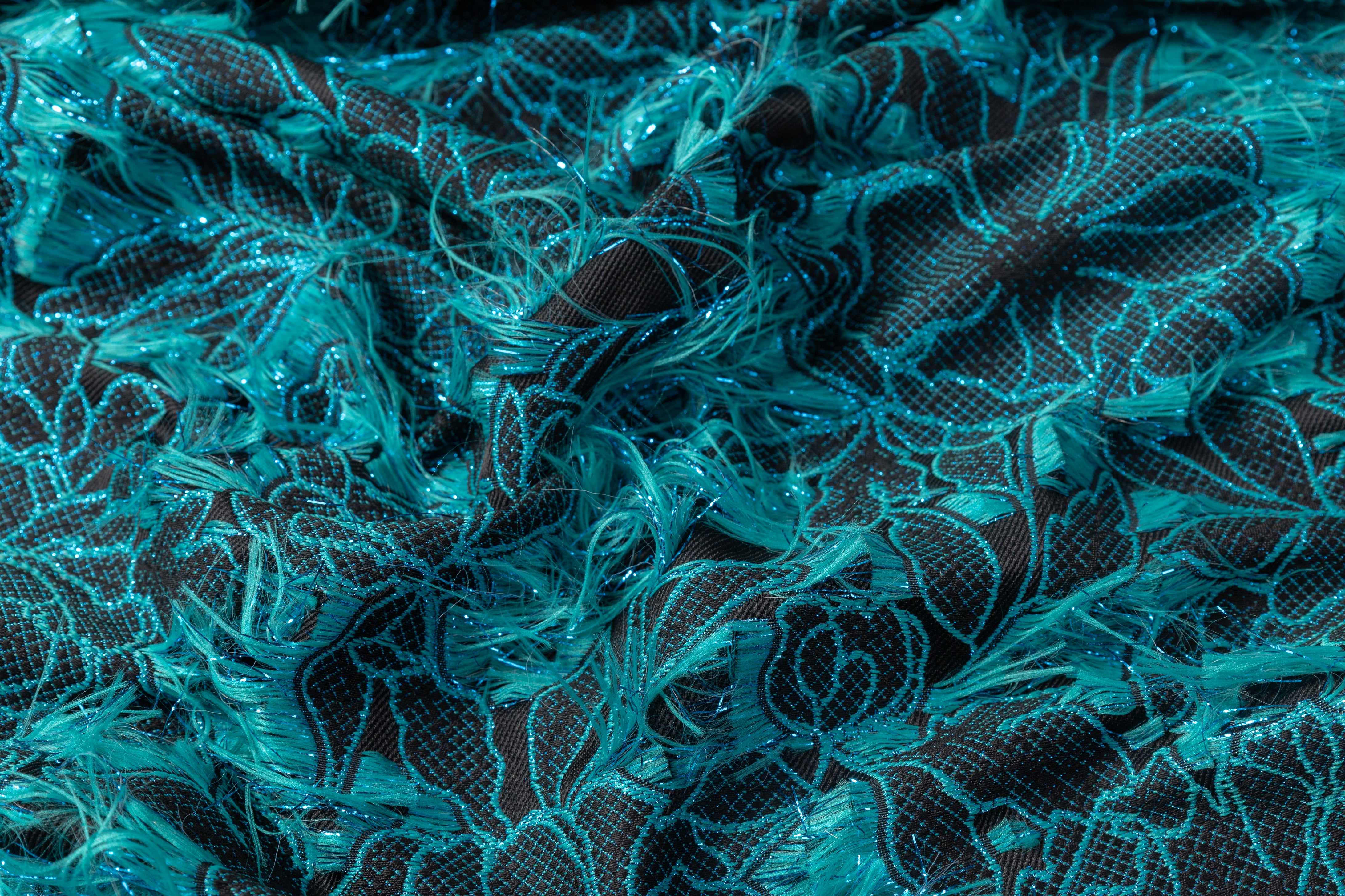 Fringed Floral Metallic Brocade - Turquoise / Black