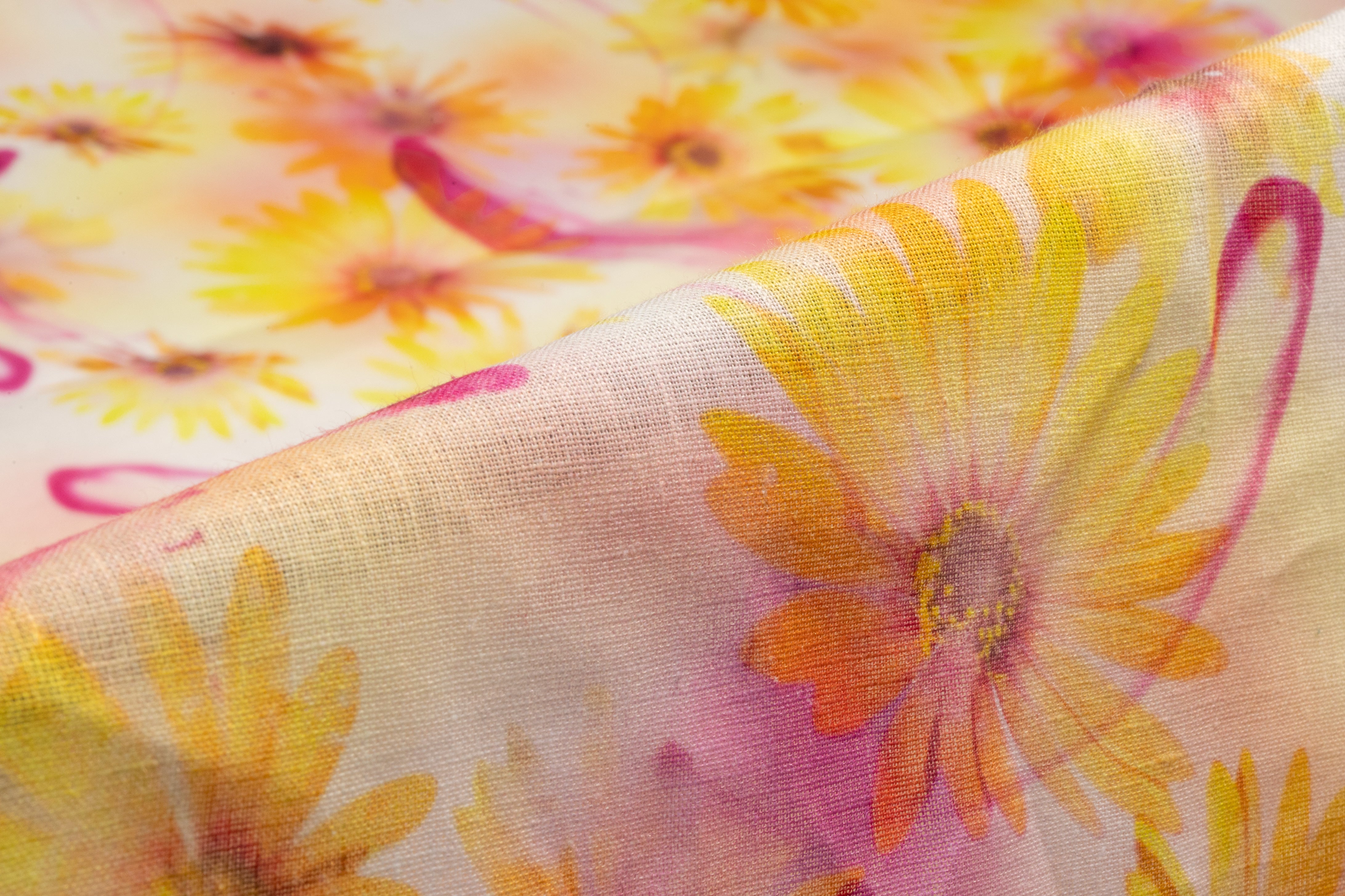 Floral Linen Print - Golden Yellow / Fuchsia