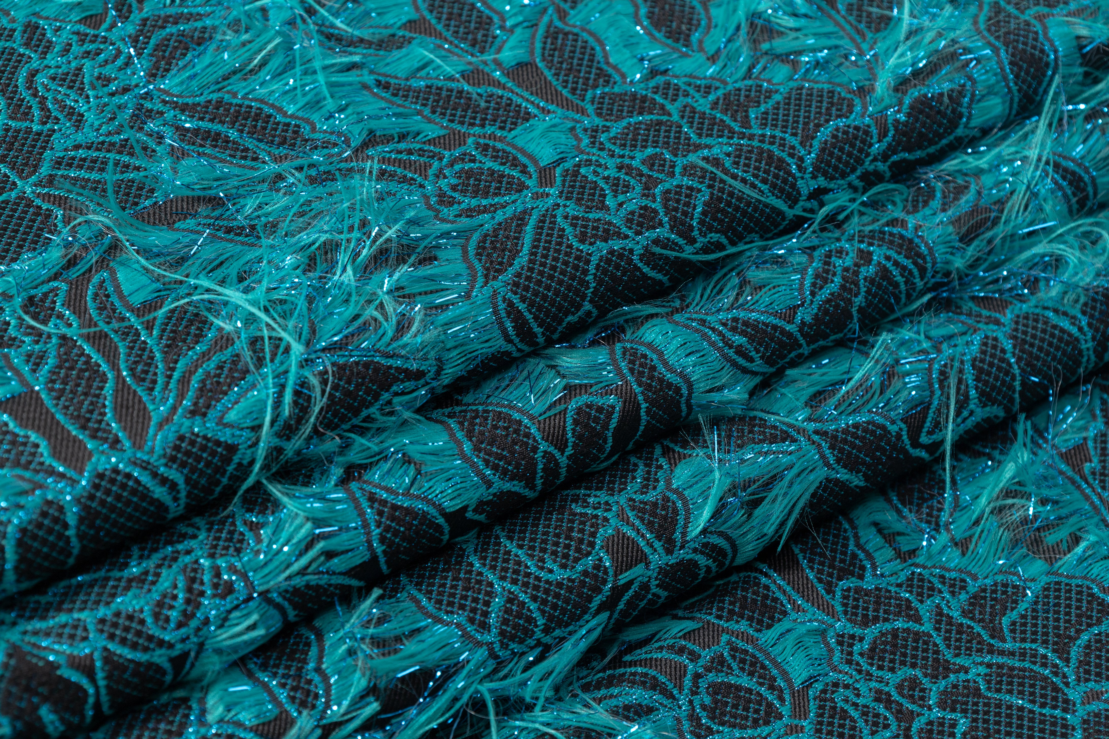Fringed Floral Metallic Brocade - Turquoise / Black