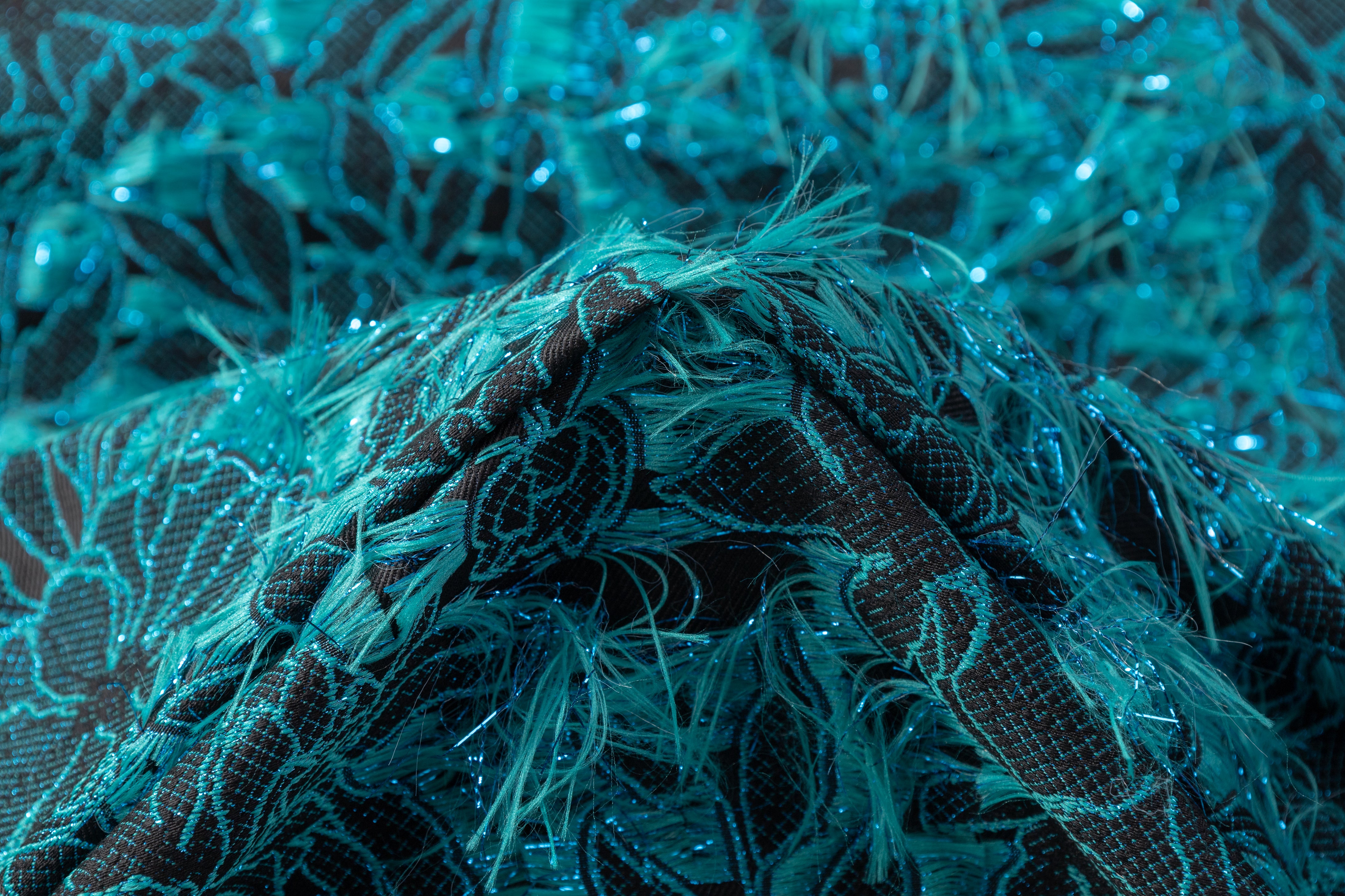 Fringed Floral Metallic Brocade - Turquoise / Black