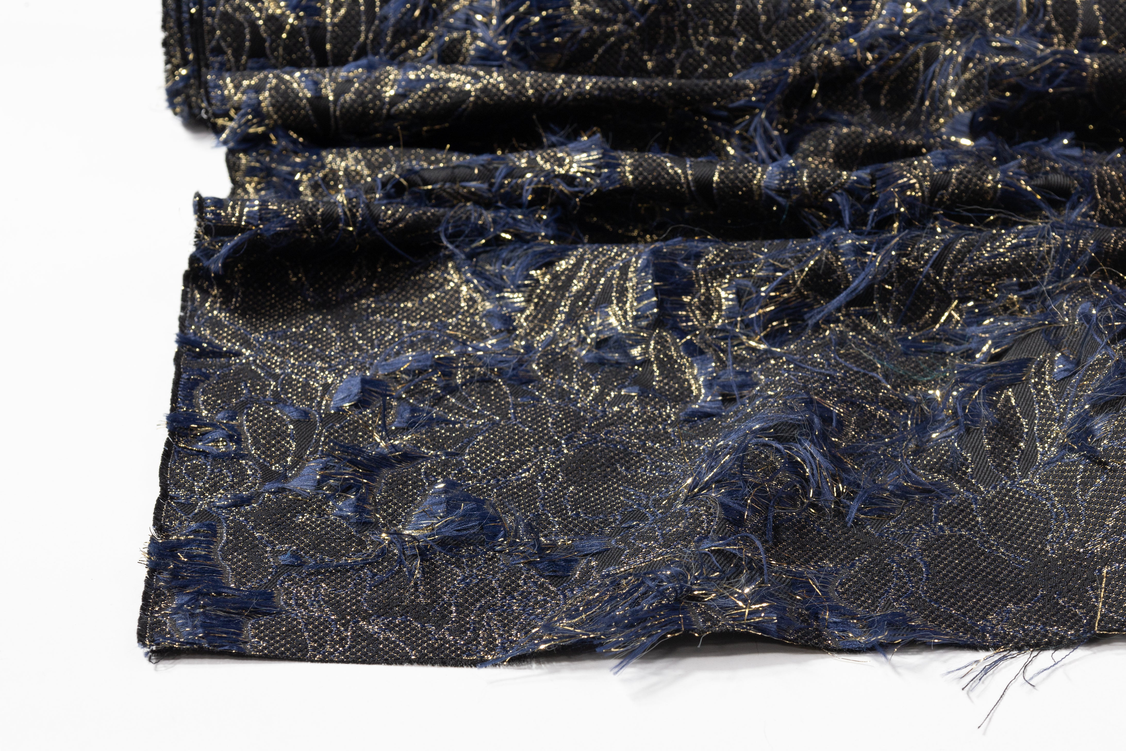Fringed Floral Metallic Brocade - Navy / Gold / Black