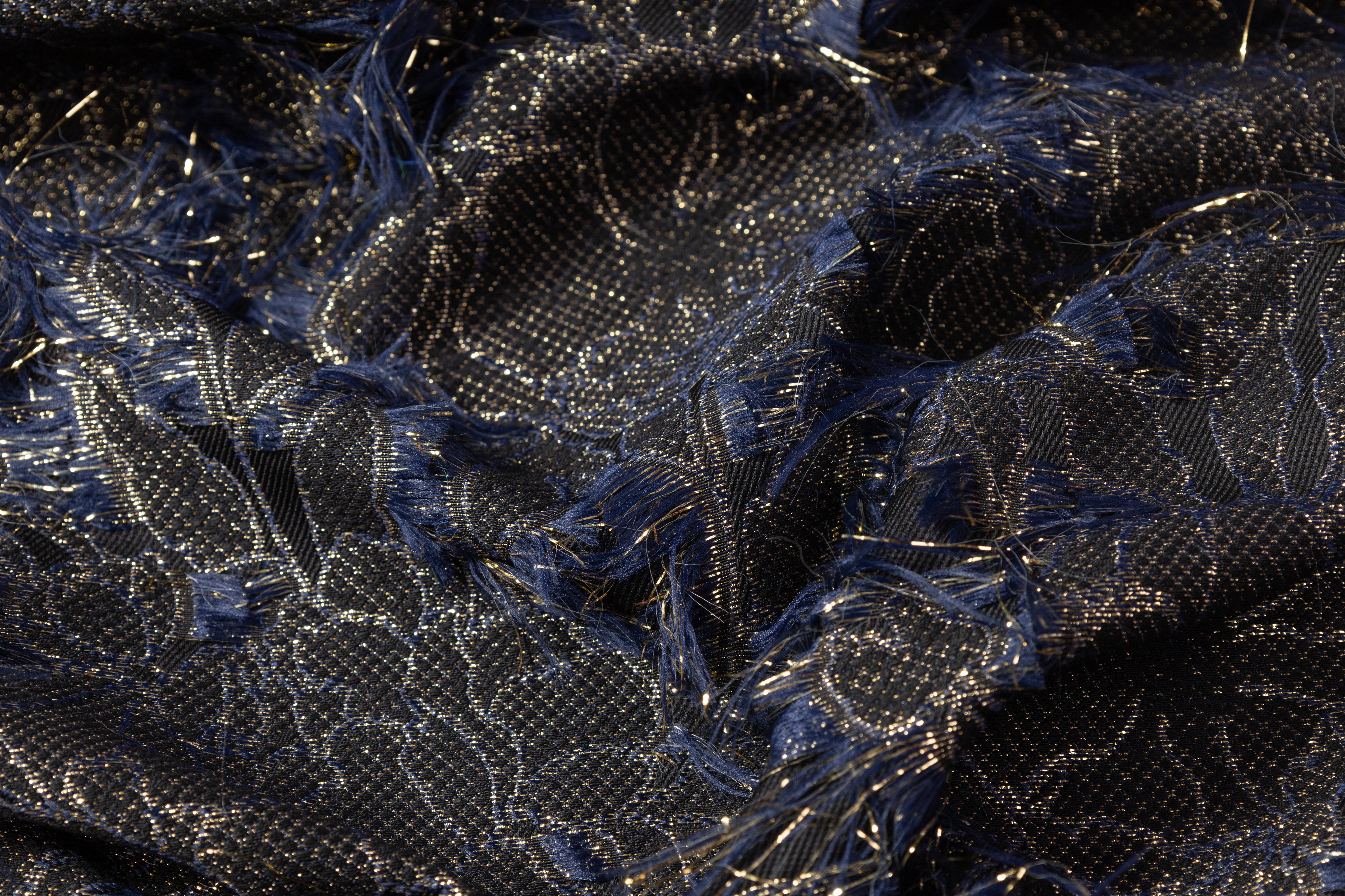 Fringed Floral Metallic Brocade - Navy / Gold / Black