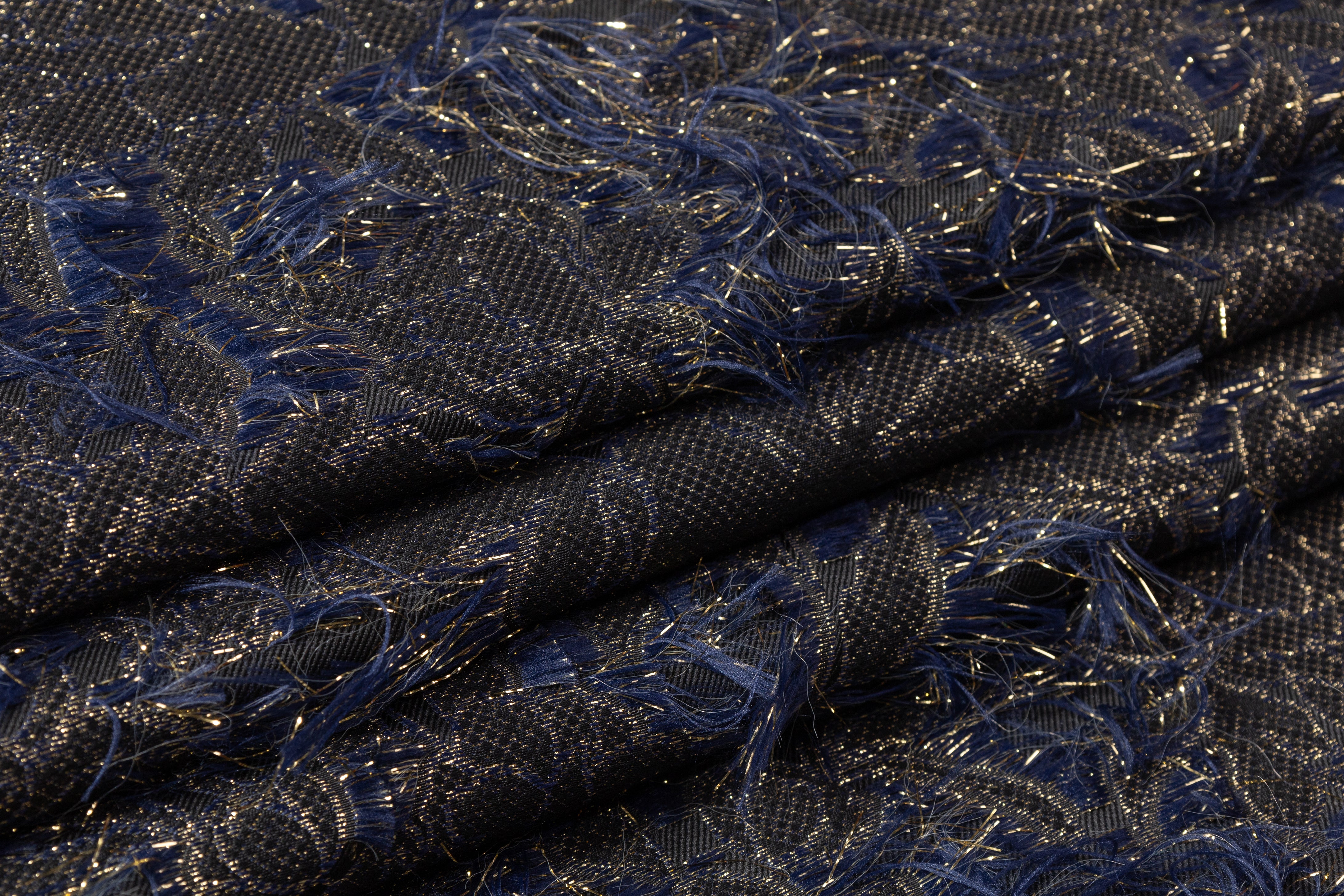 Fringed Floral Metallic Brocade - Navy / Gold / Black