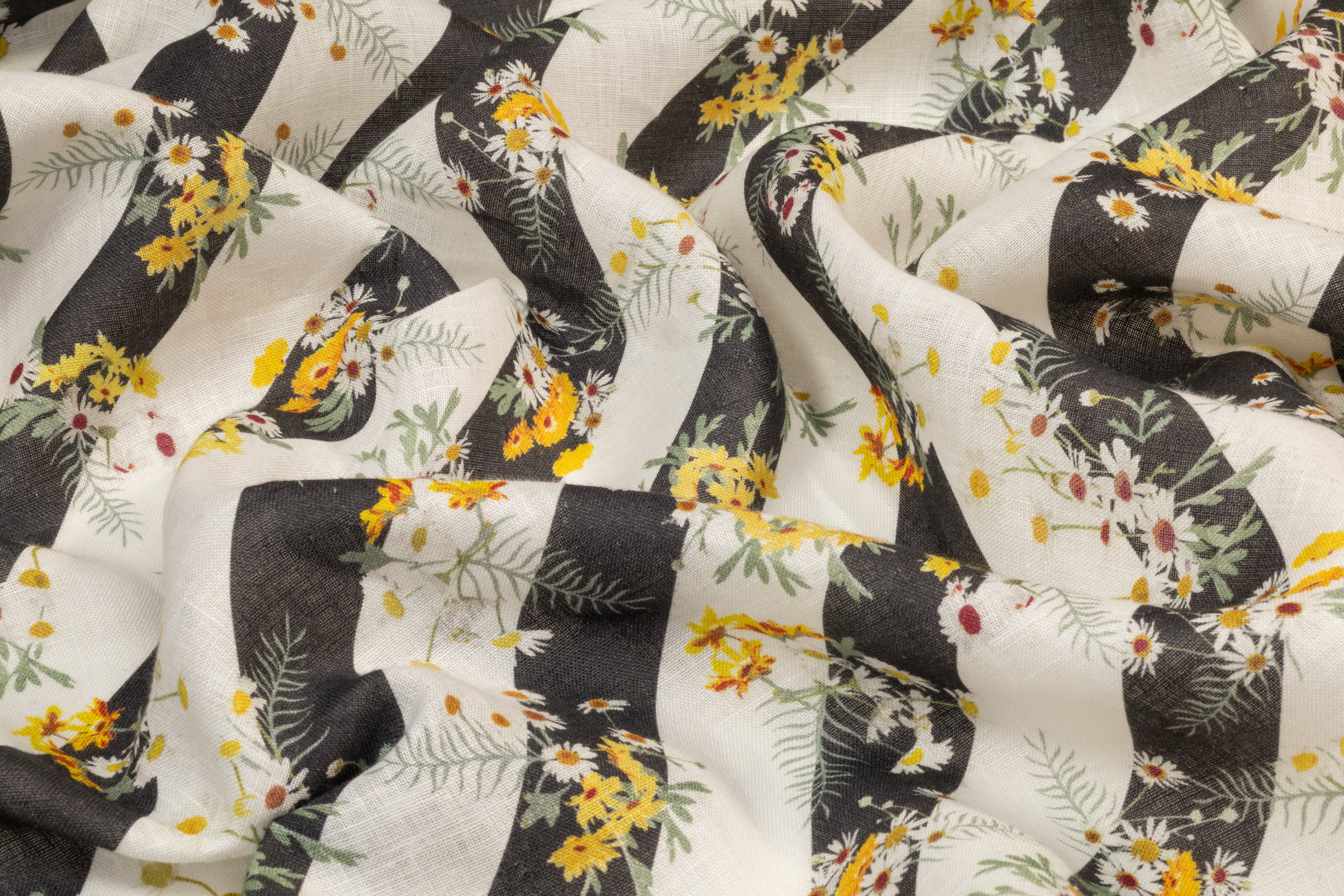 Floral Striped Linen Print - Off White / Charcoal / Yellow