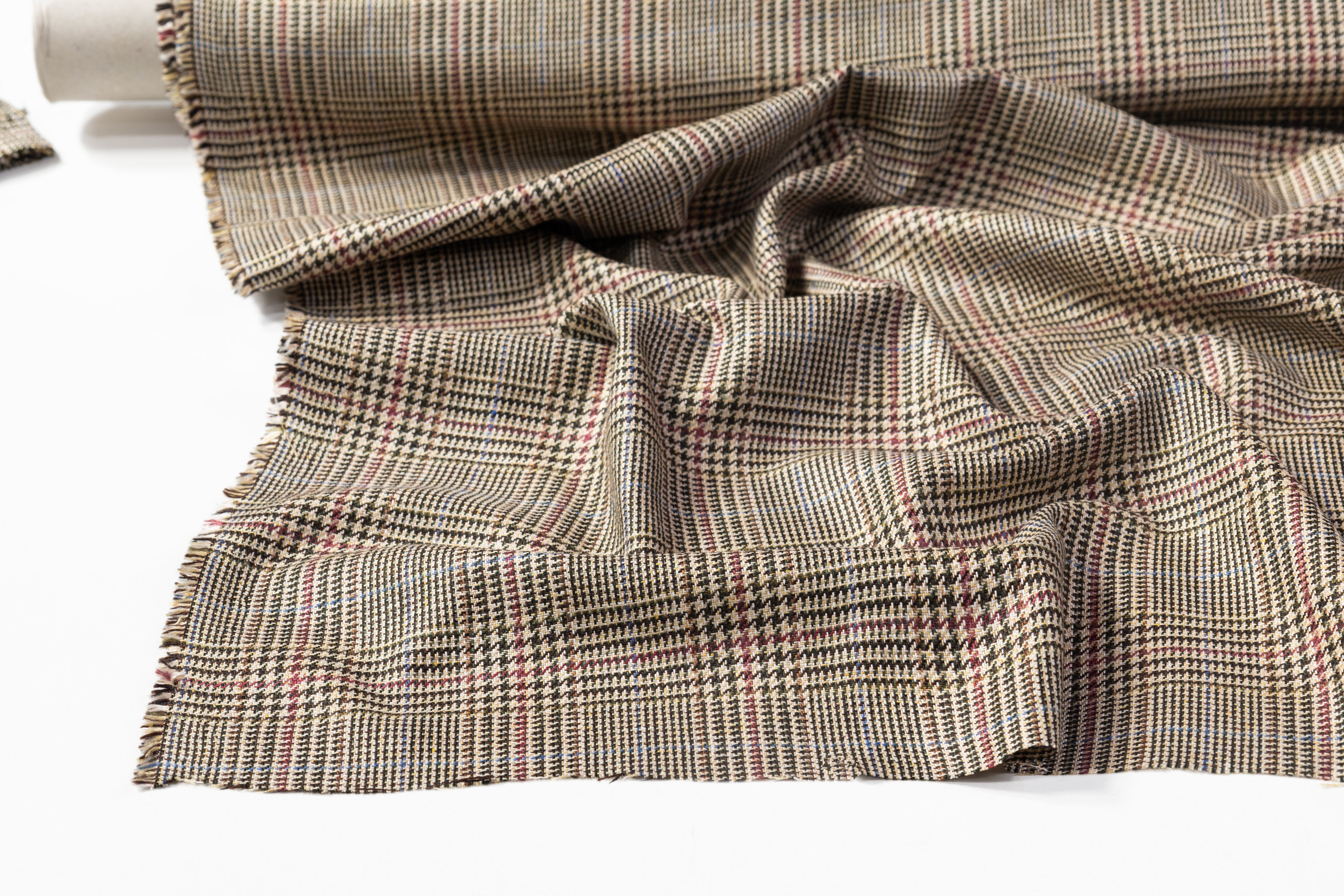 Glen Check Italian Silk Suiting - Tan / Burgundy / Blue