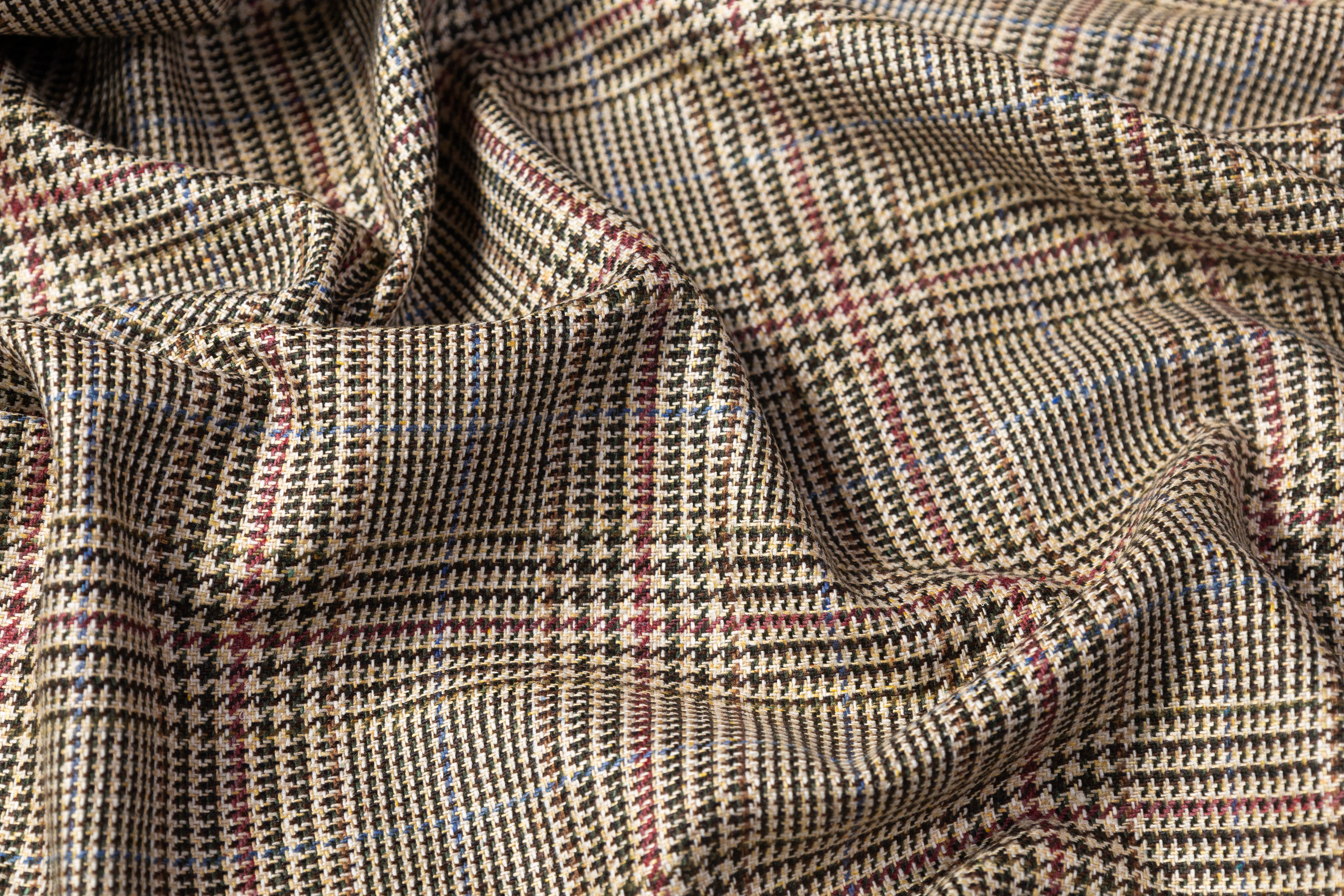 Glen Check Italian Silk Suiting - Tan / Burgundy / Blue
