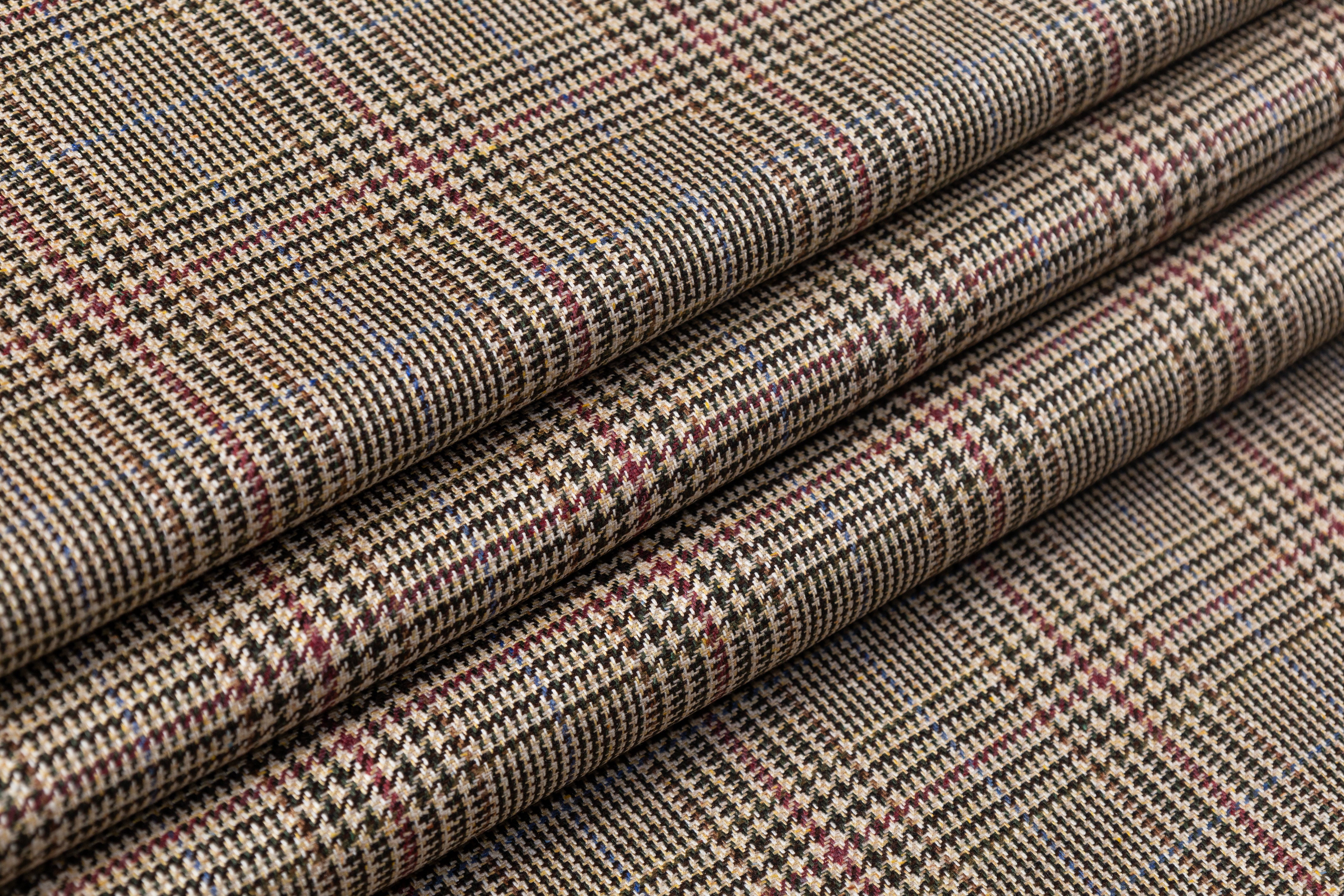 Glen Check Italian Silk Suiting - Tan / Burgundy / Blue